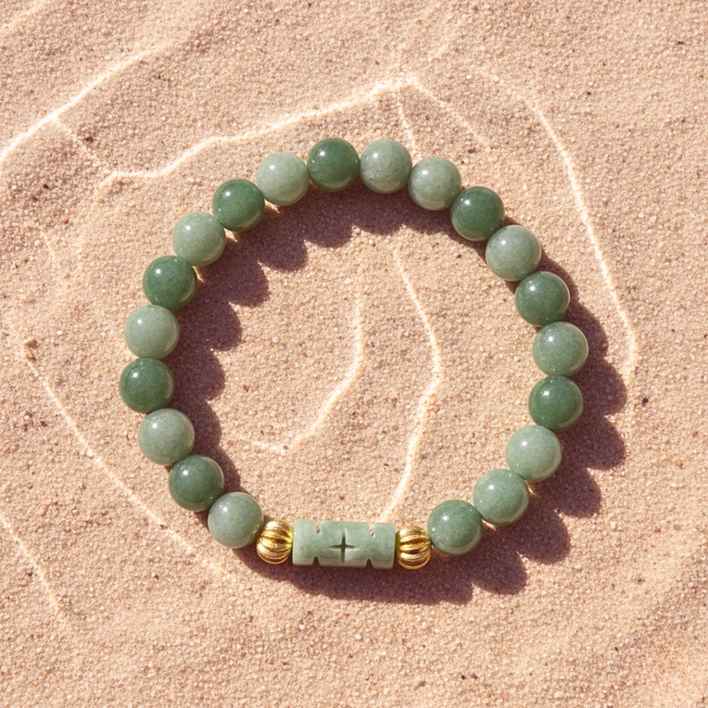 Natural Green Jade Cross Bead Bracelet - Gold PVD Stainless Steel