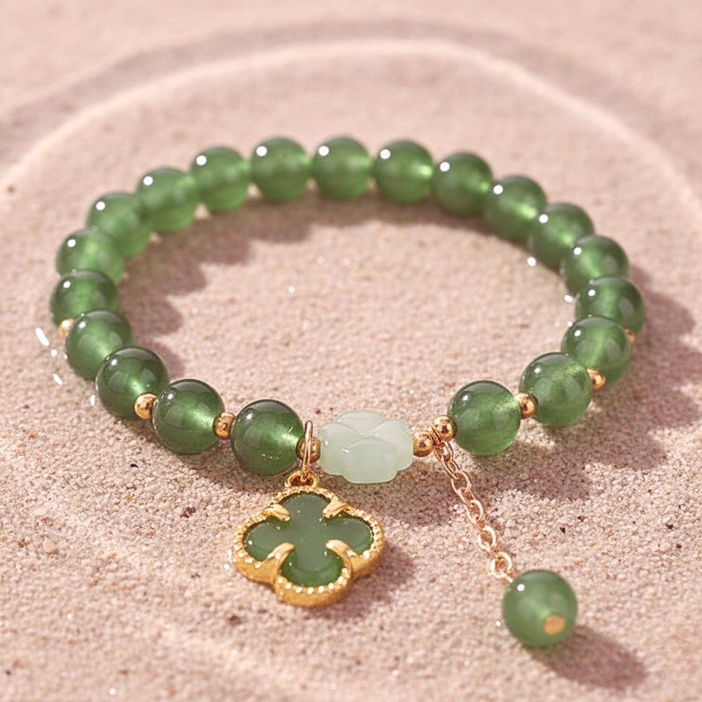 Four-Leaf Clover Green Beaded Bracelet - Gold PVD Stainless Steel