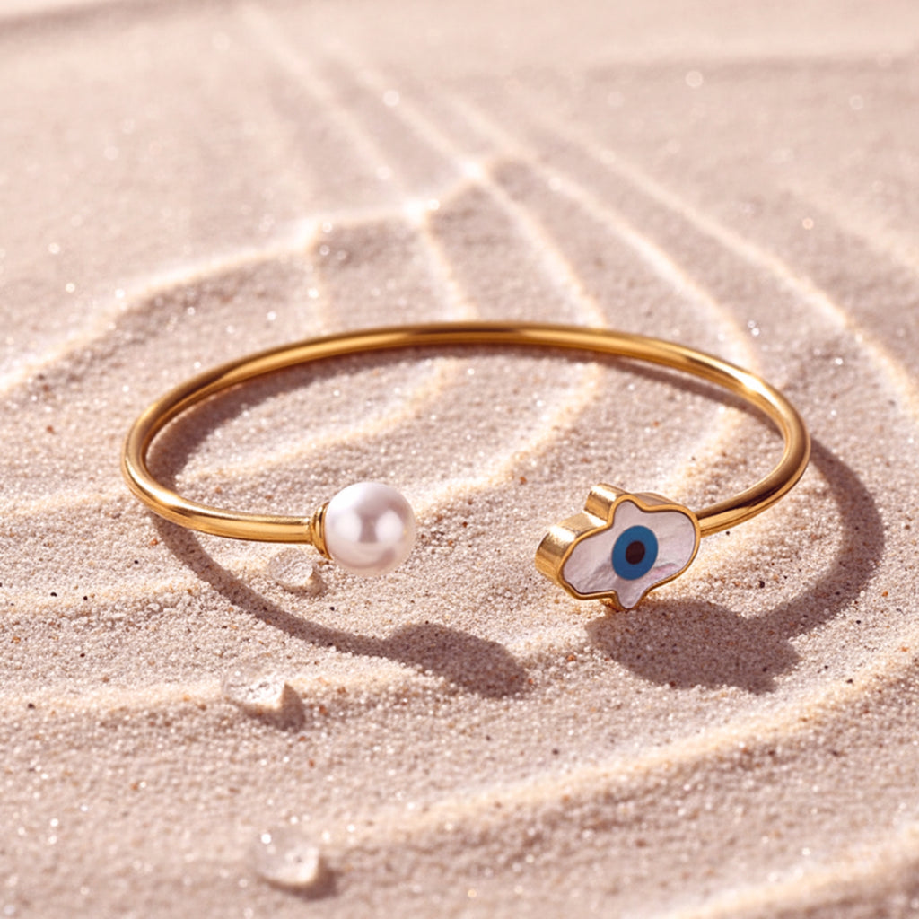 Hamsa Hand & Evil Eye Pearl Open Cuff Bracelet - Silver-Tone Stainless Steel