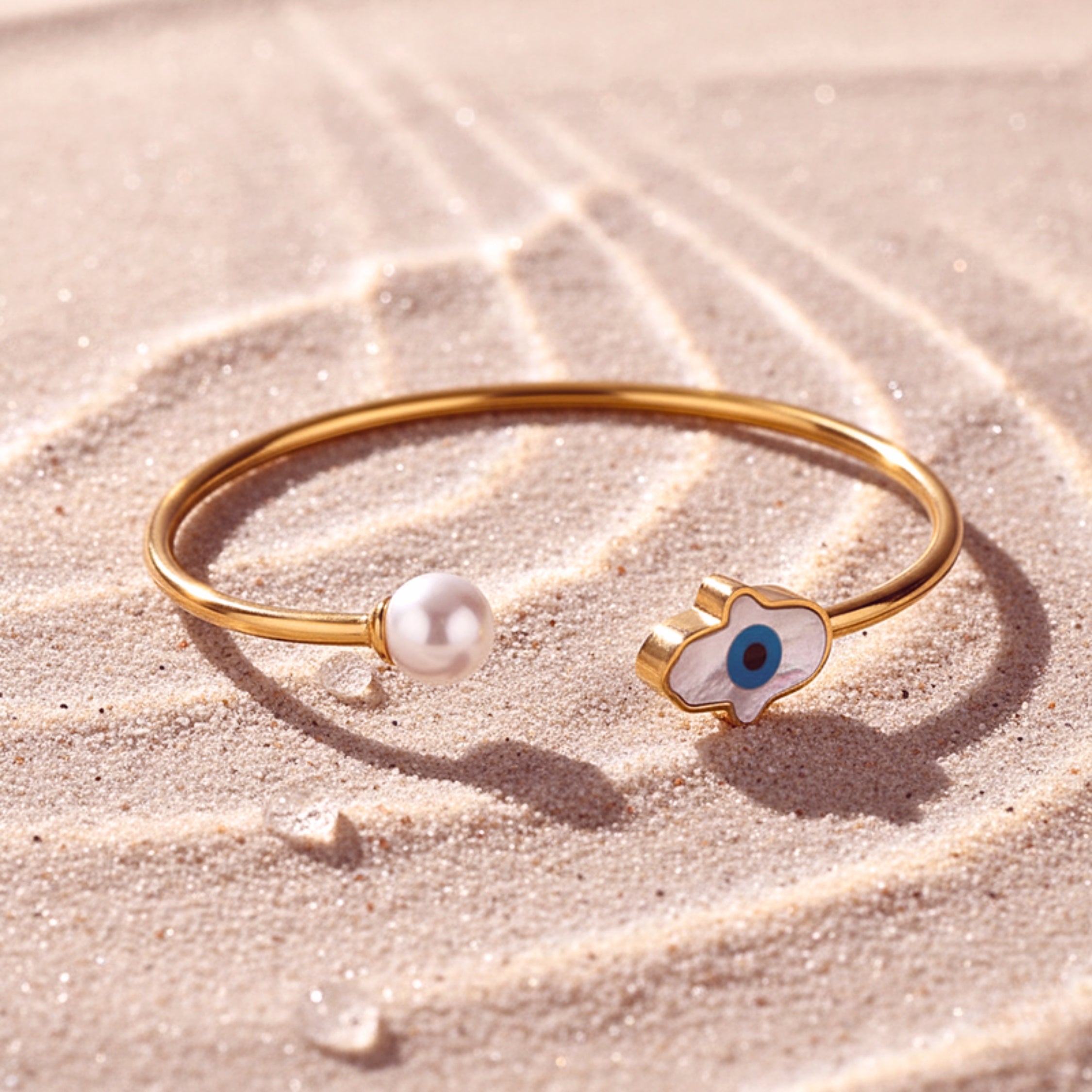 Hamsa Hand & Evil Eye Pearl Open Cuff Bracelet - Silver-Tone Stainless Steel