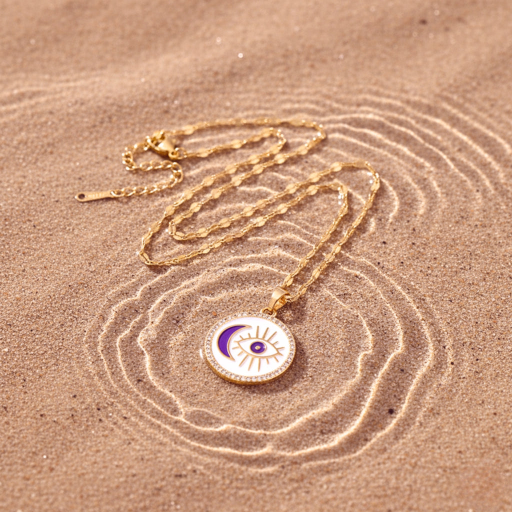 Evil Eye & Crescent Moon Enamel Pendant Necklace - Gold PVD Stainless Steel