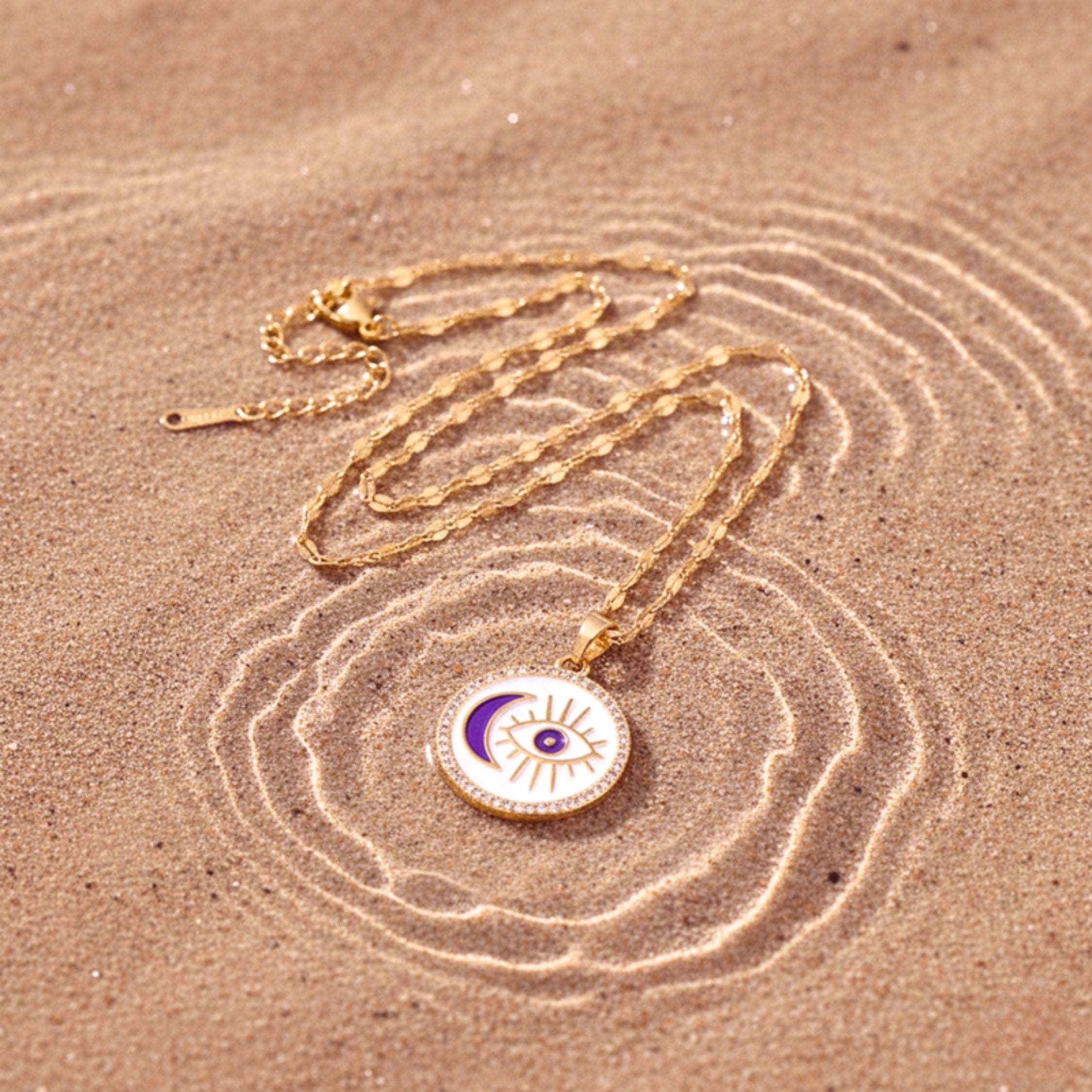 Evil Eye & Crescent Moon Enamel Pendant Necklace - Gold PVD Stainless Steel