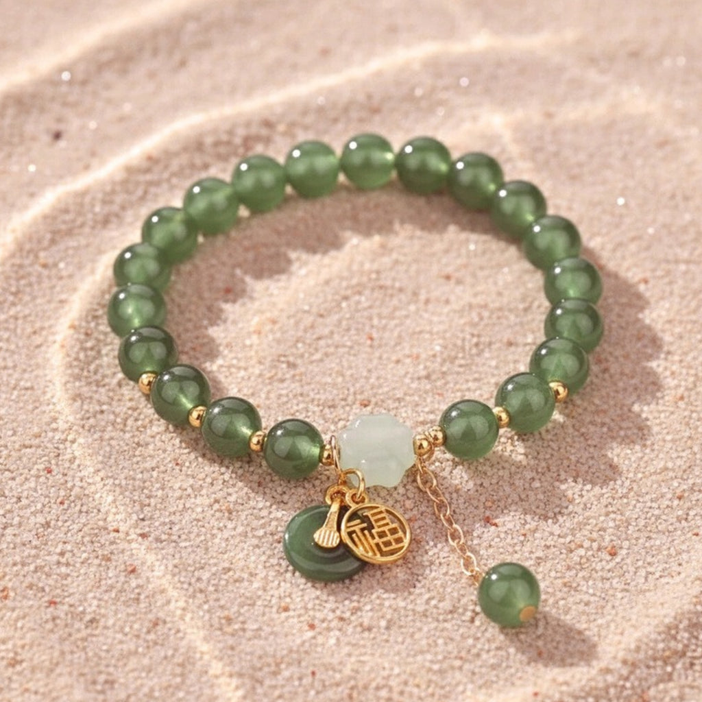 Jade-Tone Bead 'Fu Charm' Bracelet - Gold PVD Stainless Steel