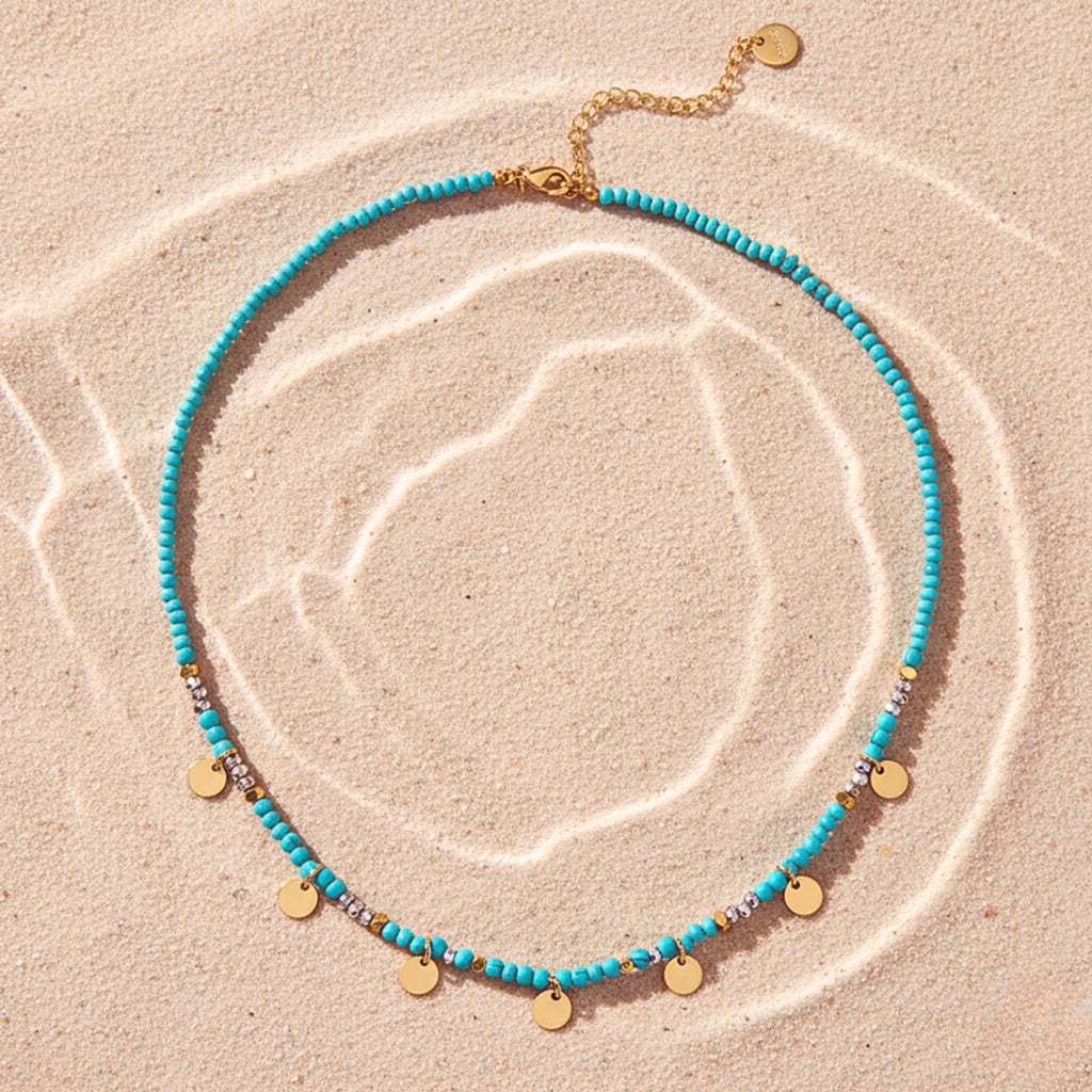 Turquoise Color Beads & Gold Disc Choker Necklace - Gold PVD Stainless Steel