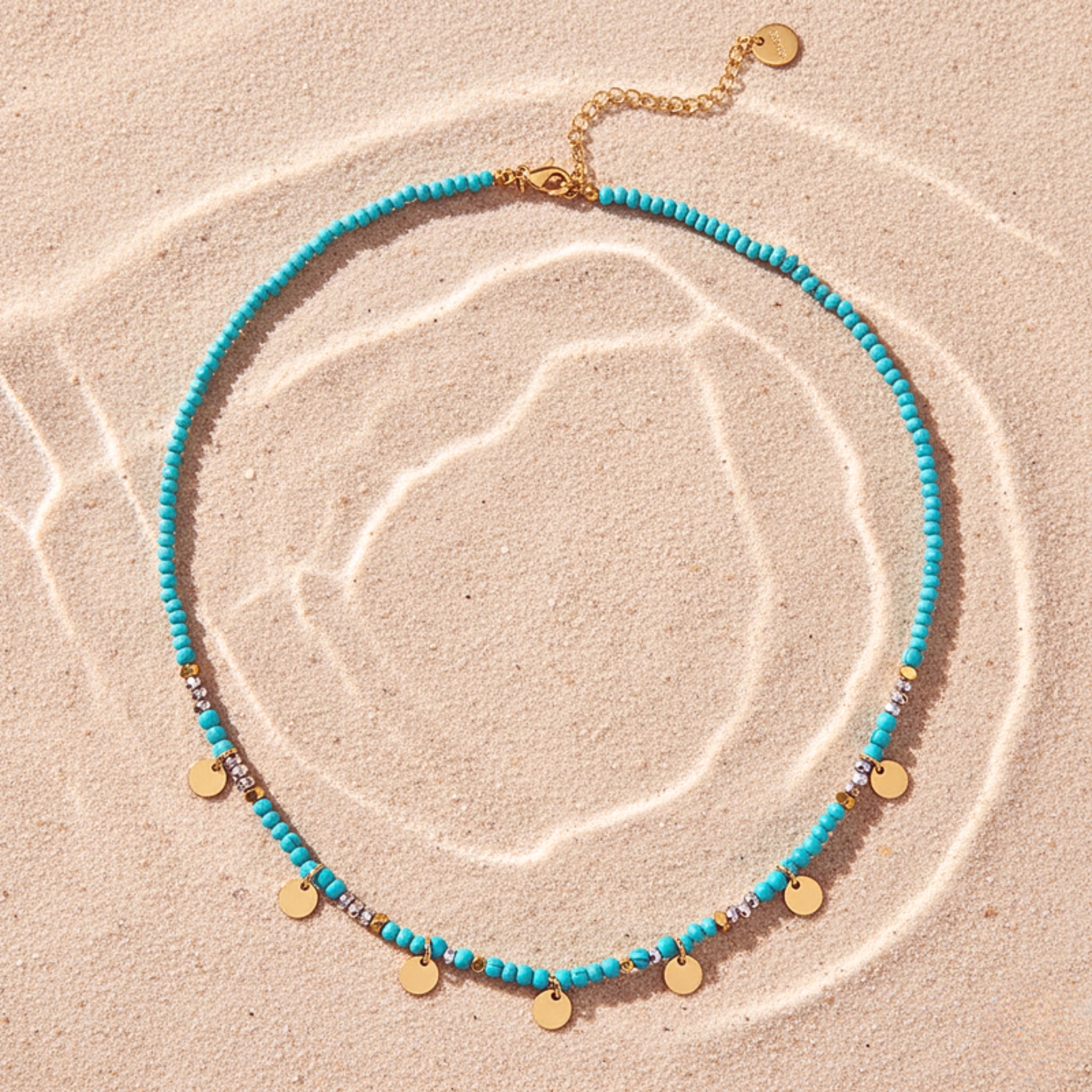 Turquoise Color Beads & Gold Disc Choker Necklace - Gold PVD Stainless Steel