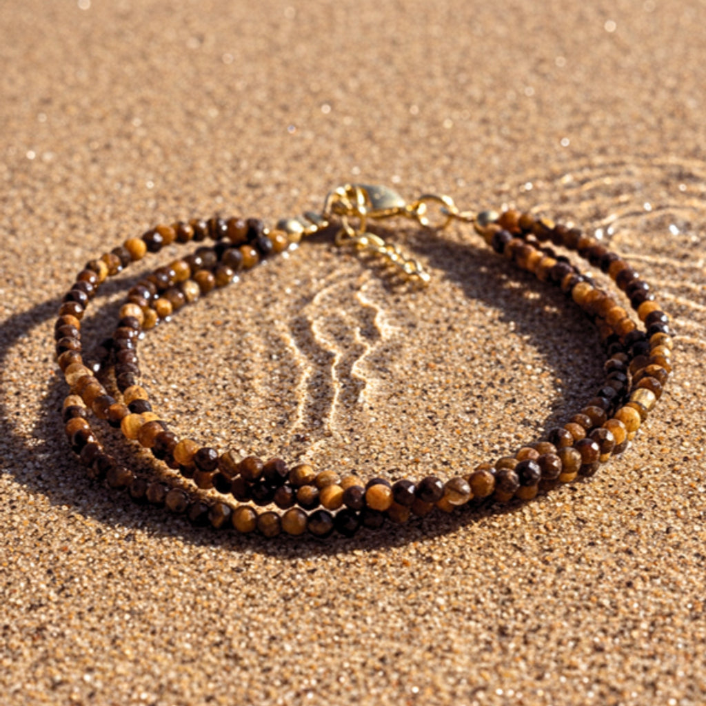 Tiger's Eye Beaded Adjustable Women's Bracelet - Gold PVD Stainless Steel