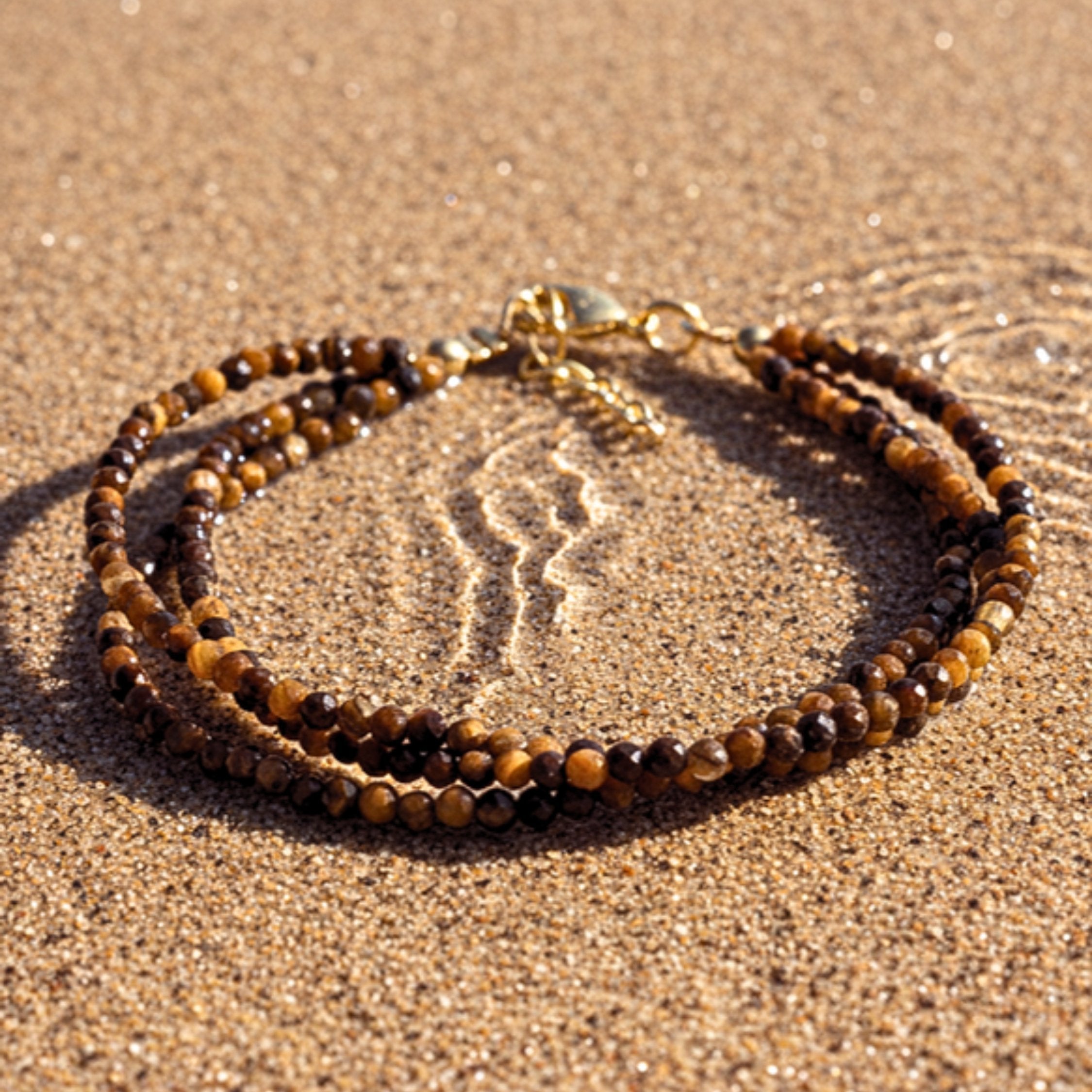 Tiger's Eye Beaded Adjustable Women's Bracelet - Gold PVD Stainless Steel