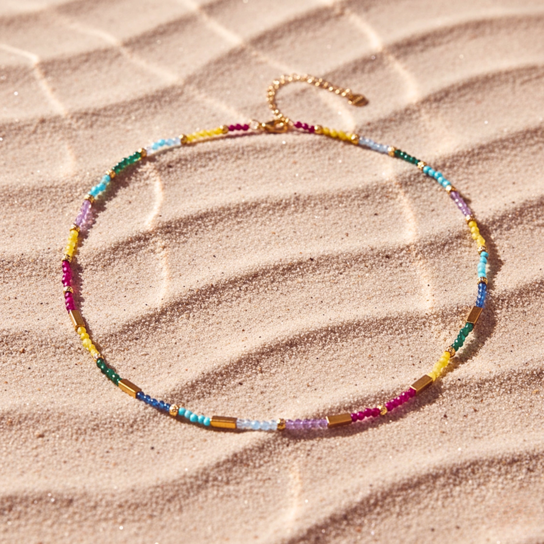 Seven Chakra Rainbow Beaded Bar Necklace - Gold PVD Stainless Steel