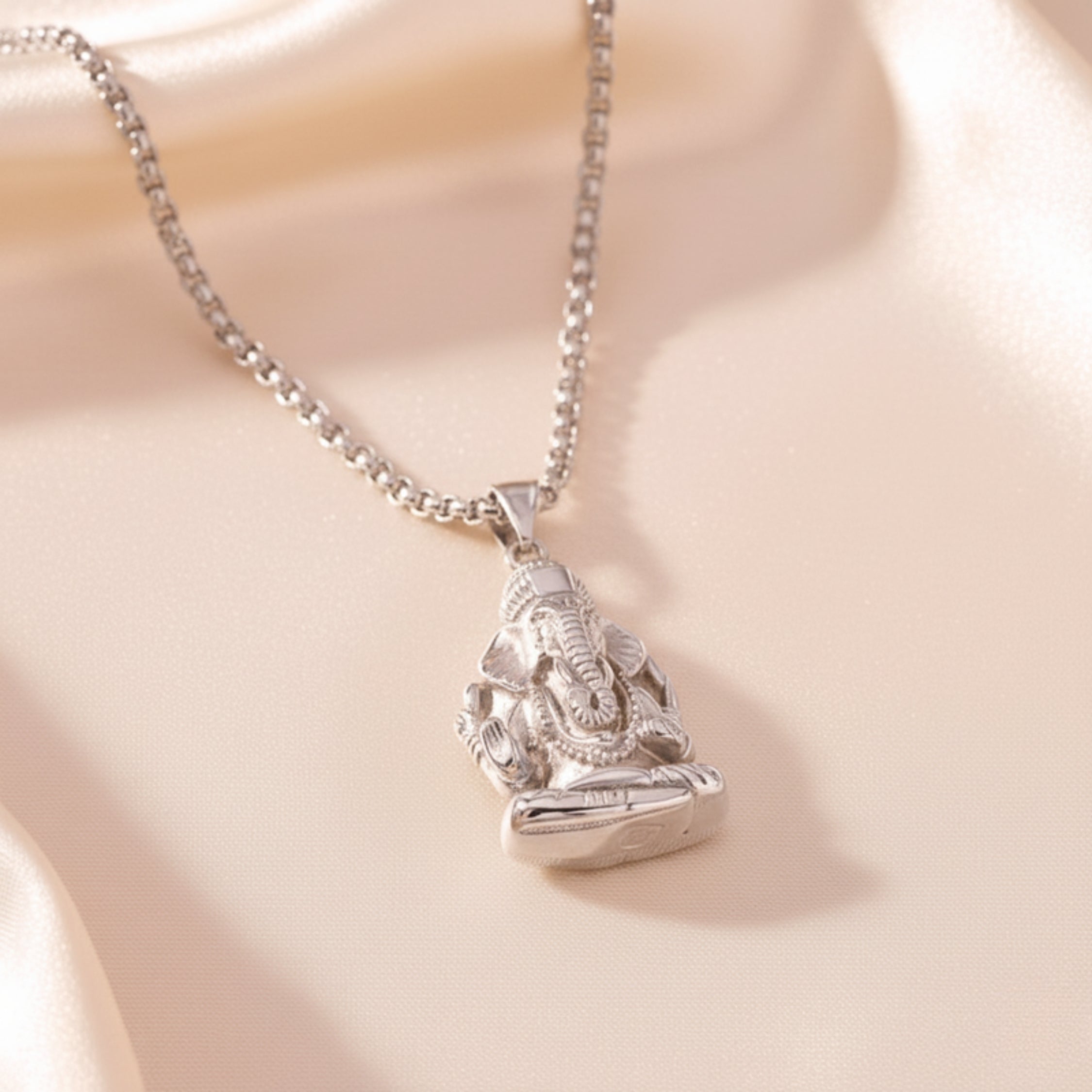 Ganesha Elephant Pendant Necklace - Silver-Tone PVD Stainless Steel