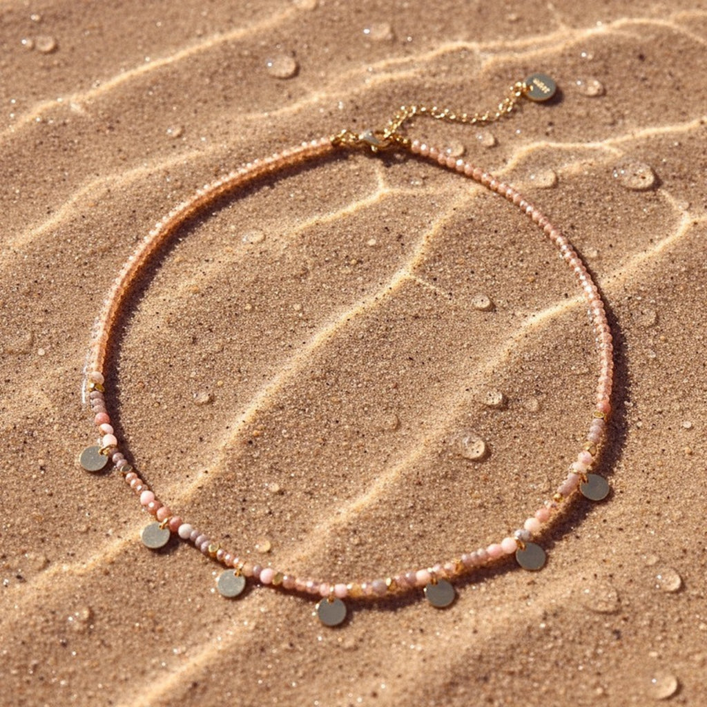 Tourmaline Beaded Choker Necklace with Coin Charms - Gold PVD Stainless Steel