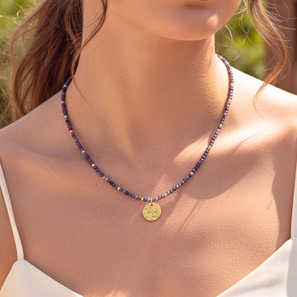 Purple Crystal Beads Textured Pendant Necklace - Gold PVD Stainless Steel