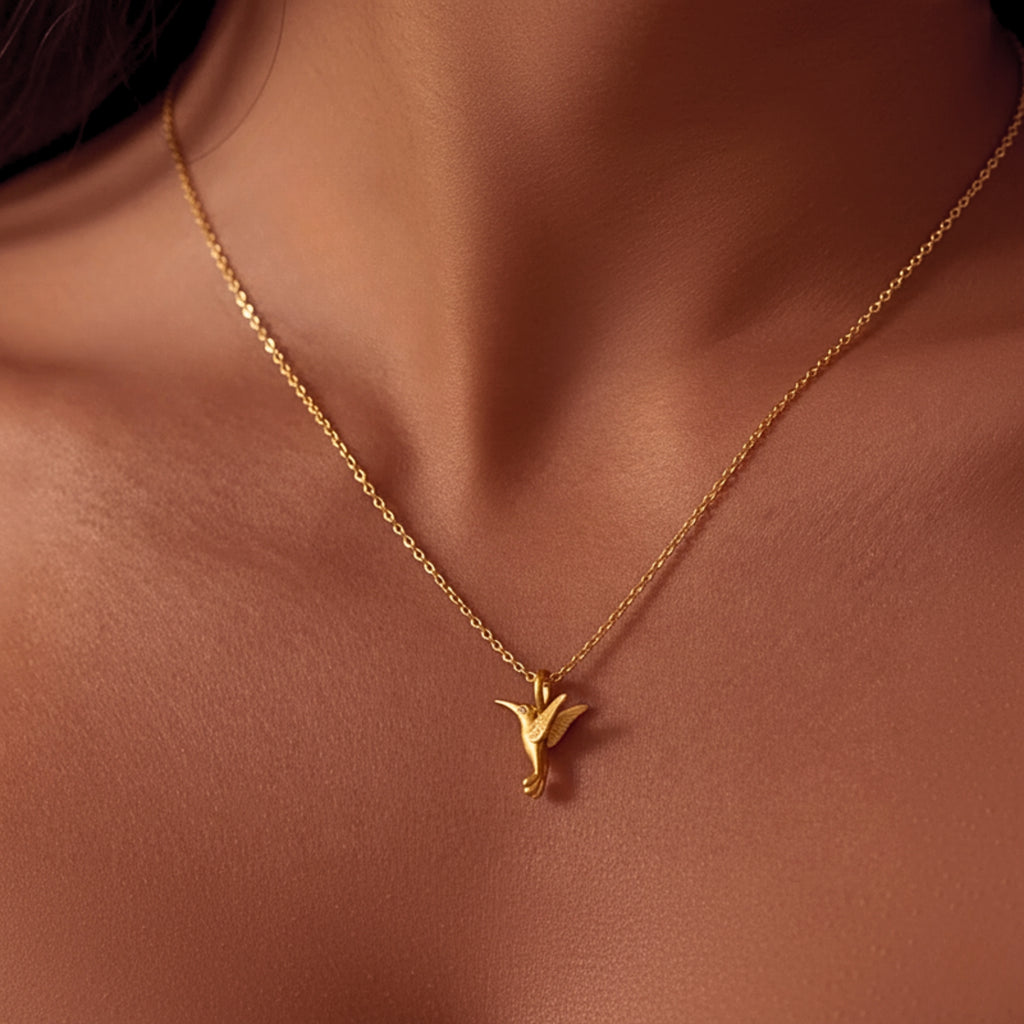 Hummingbird Pendant Necklace with Zirconia Accent - Gold PVD Stainless Steel
