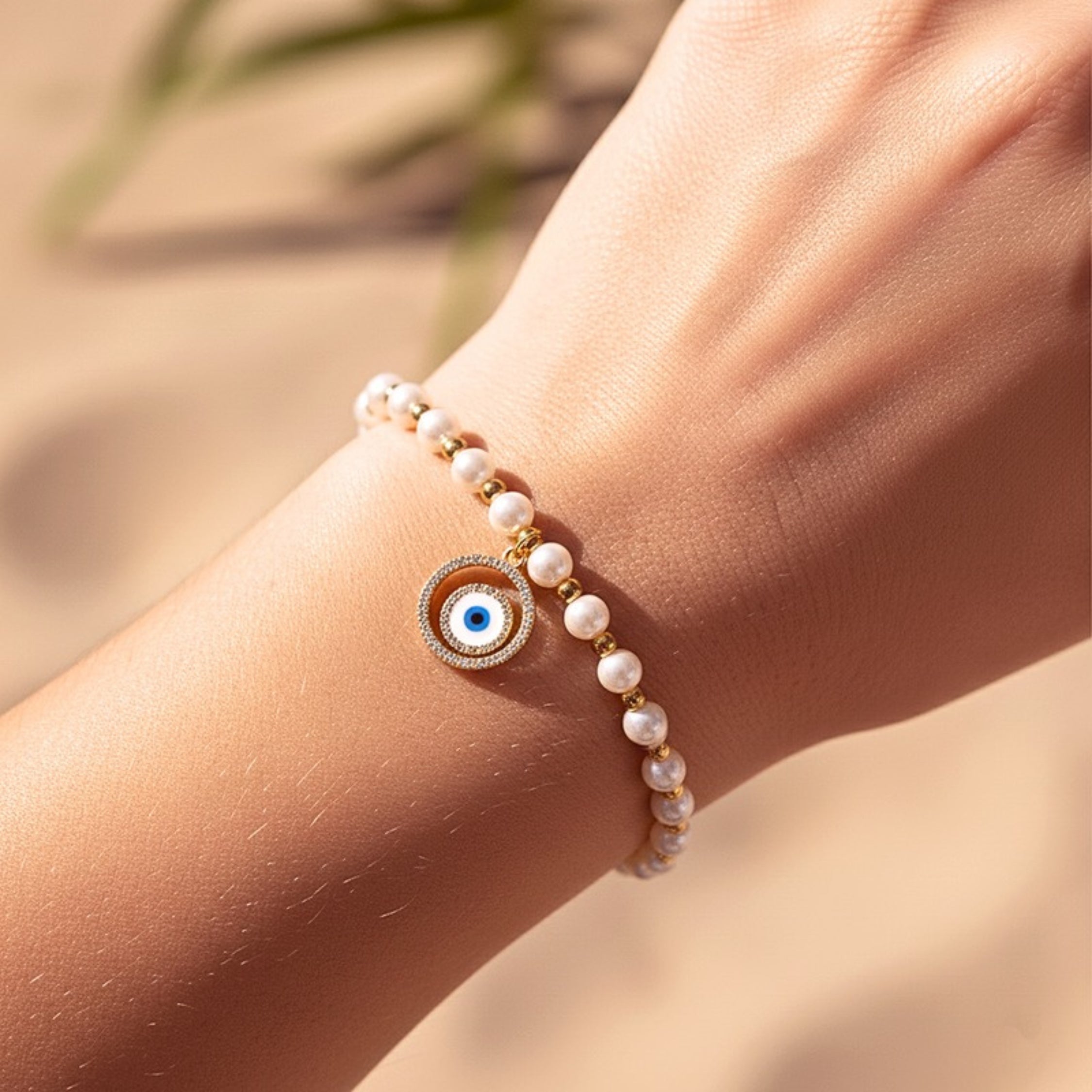 Women's Evil Eye Pearl Bead Charm Bracelet - Gold PVD Stainless Steel