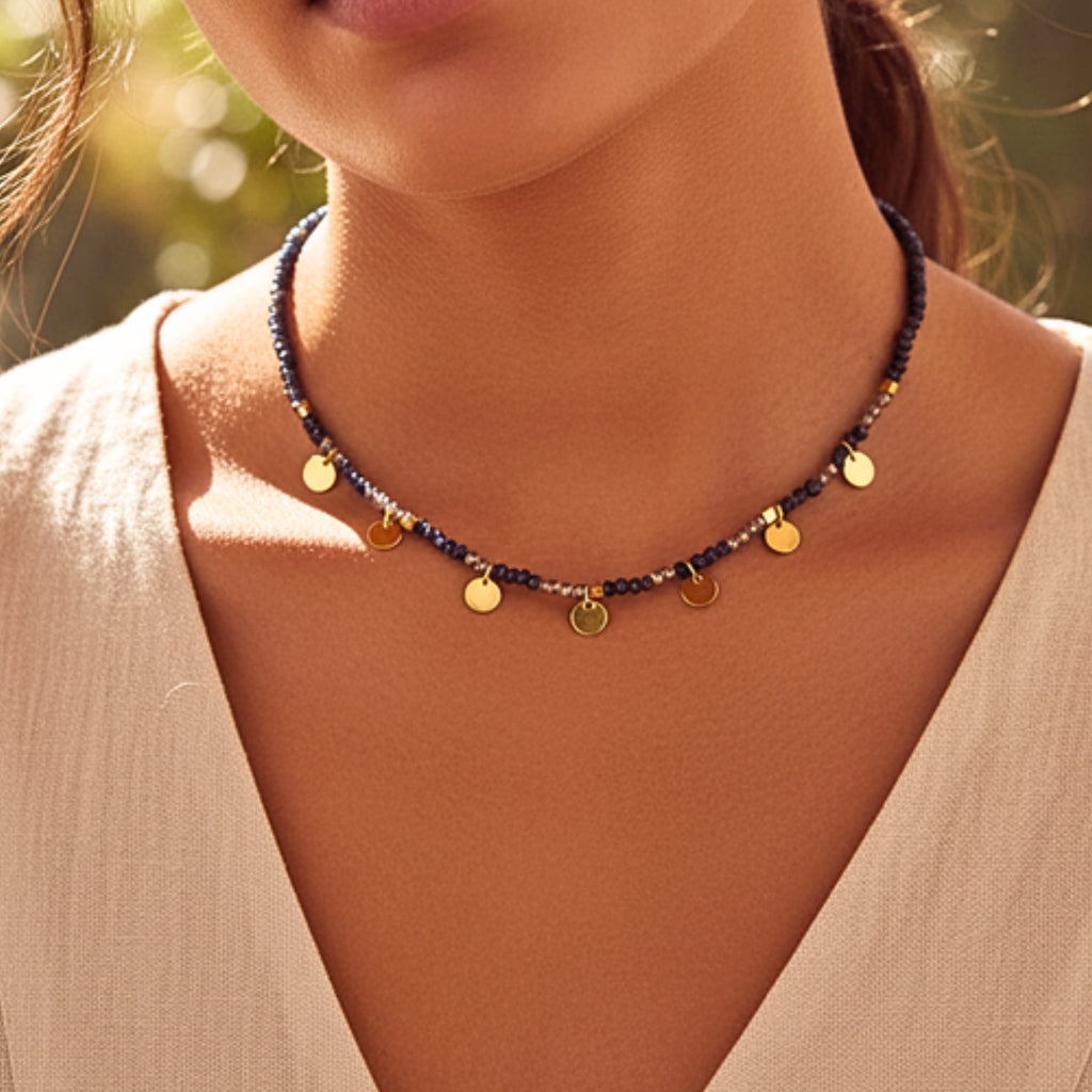 Black Crystal Beaded Choker Necklace with Gold Disc Charms - Gold PVD Stainless Steel