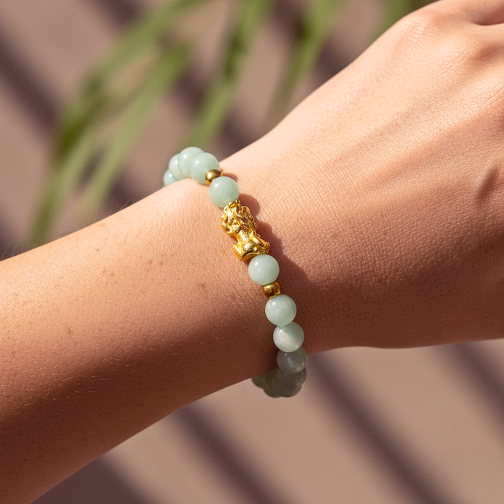 Pixiu Green Crystal Bead Bracelet - Gold PVD Stainless Steel