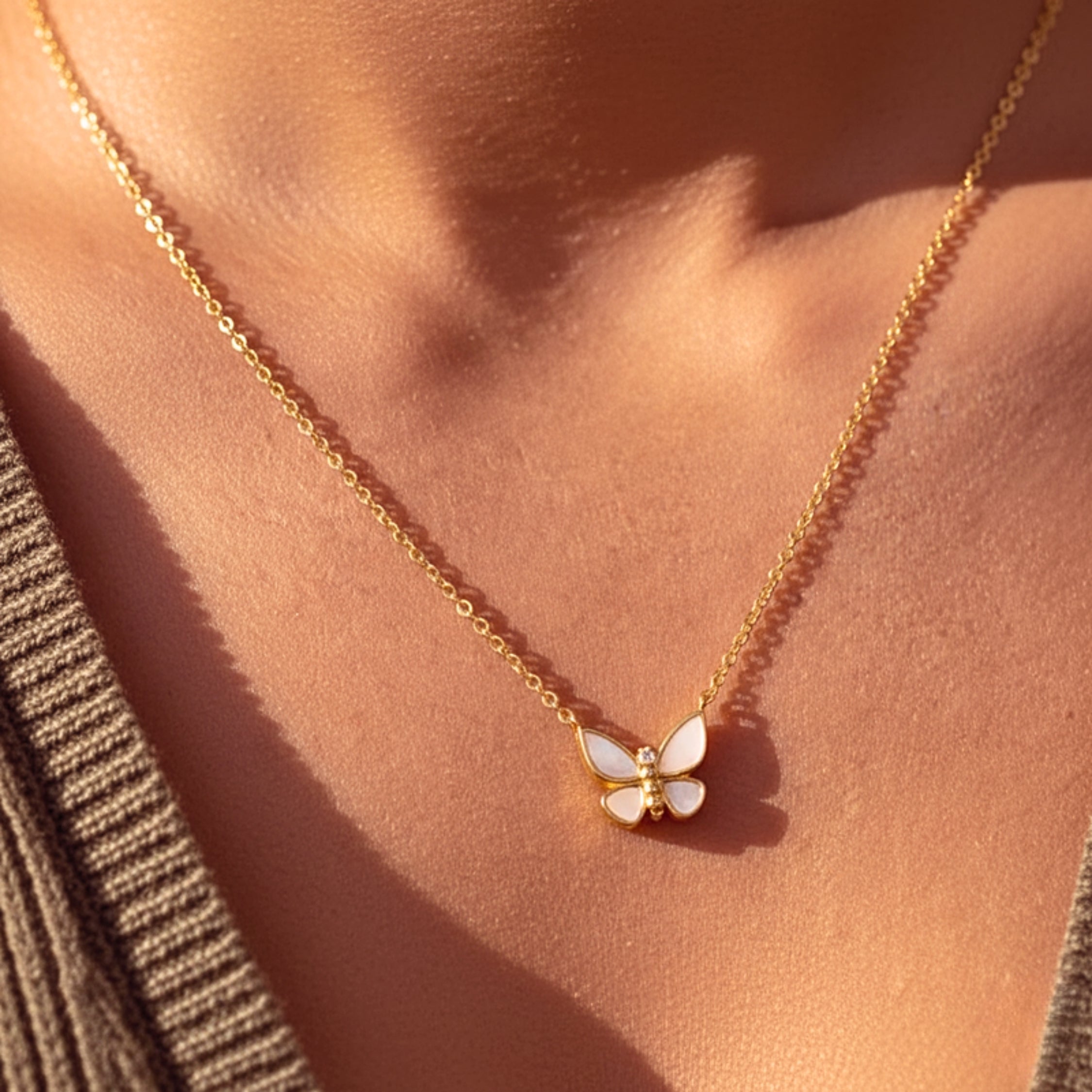 Women's Zirconia Butterfly Pendant Necklace - Gold PVD Stainless Steel