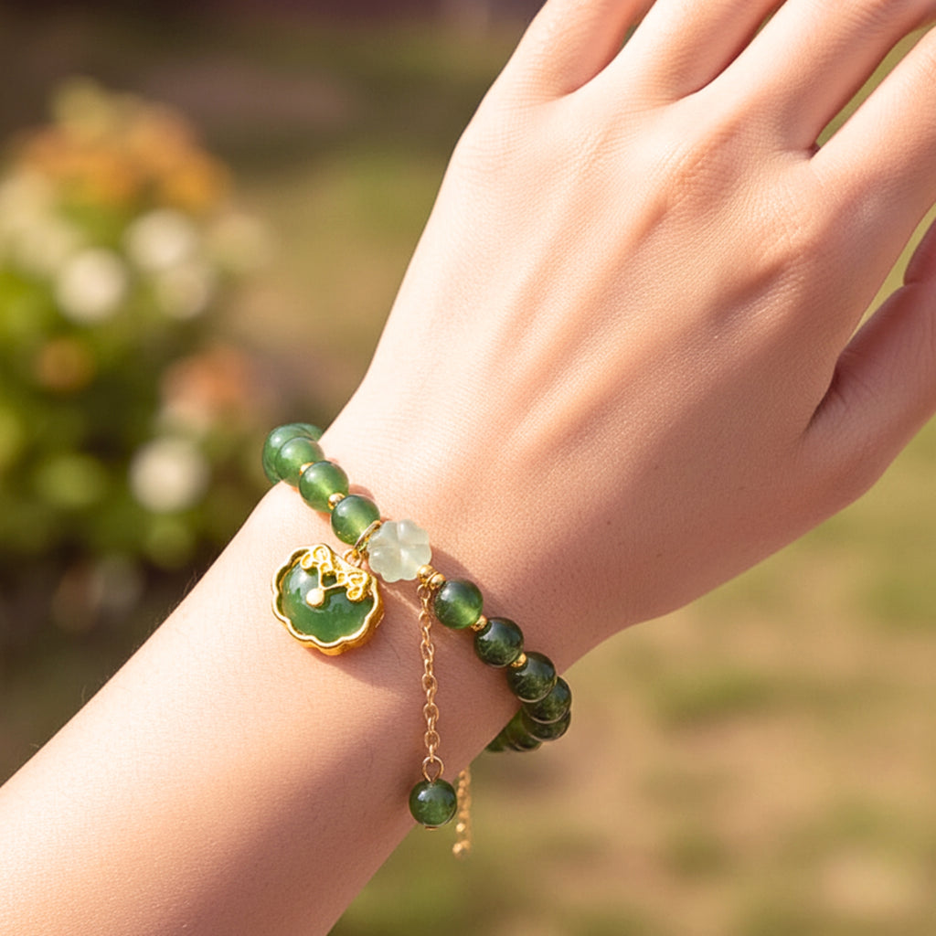 Women's Ruyi Lock Charm Bracelet With Jade-Green Beads - Gold PVD Stainless Steel