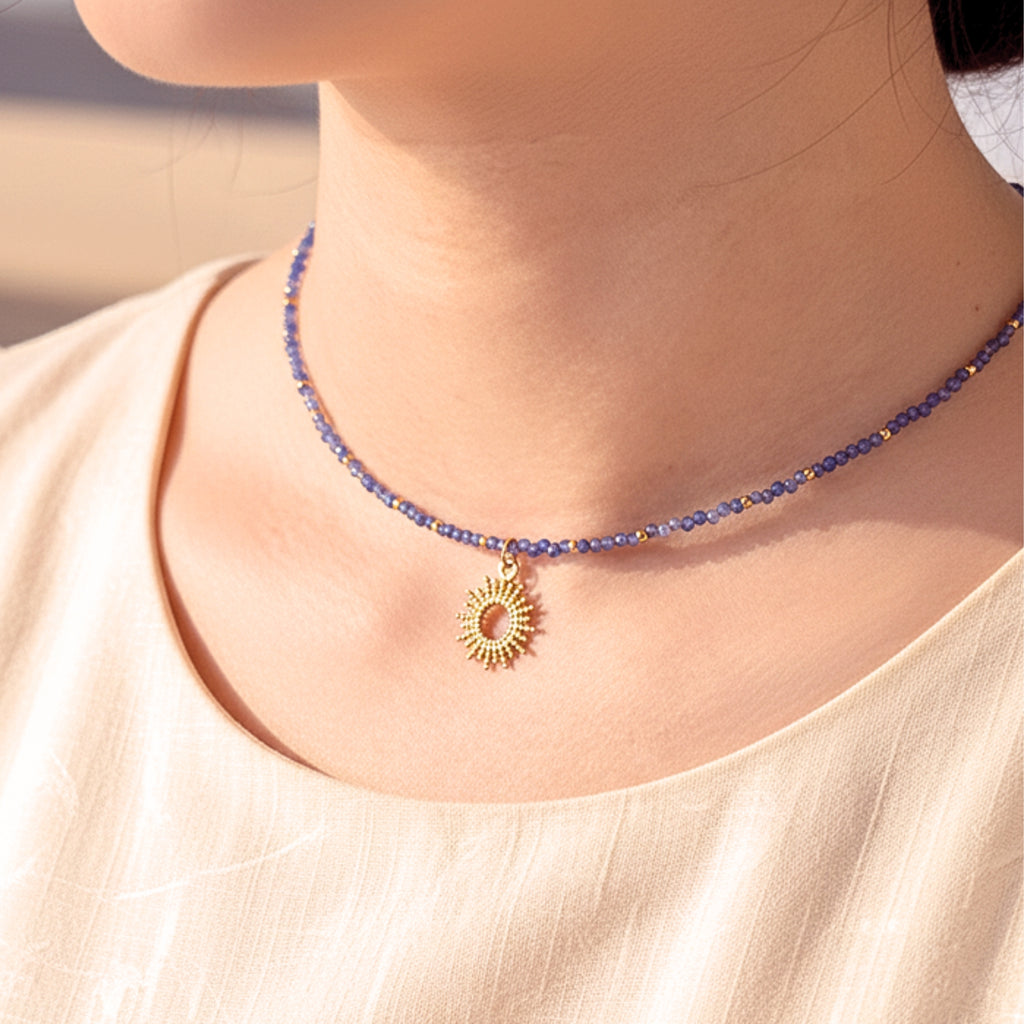 Sunburst Blue Crystal Beaded Choker Necklace - Gold PVD Stainless Steel