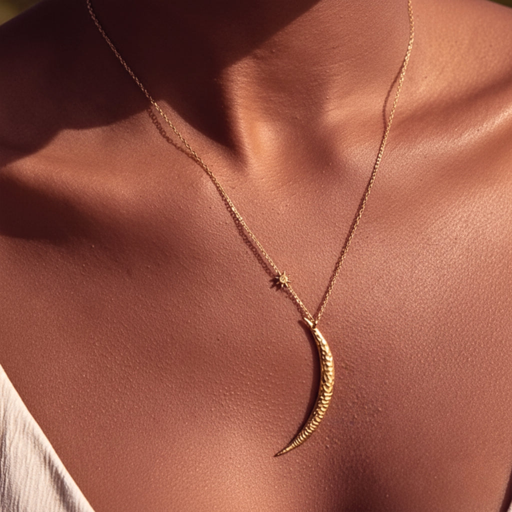 Crescent Moon & Star Pendant Necklace - Gold PVD Stainless Steel