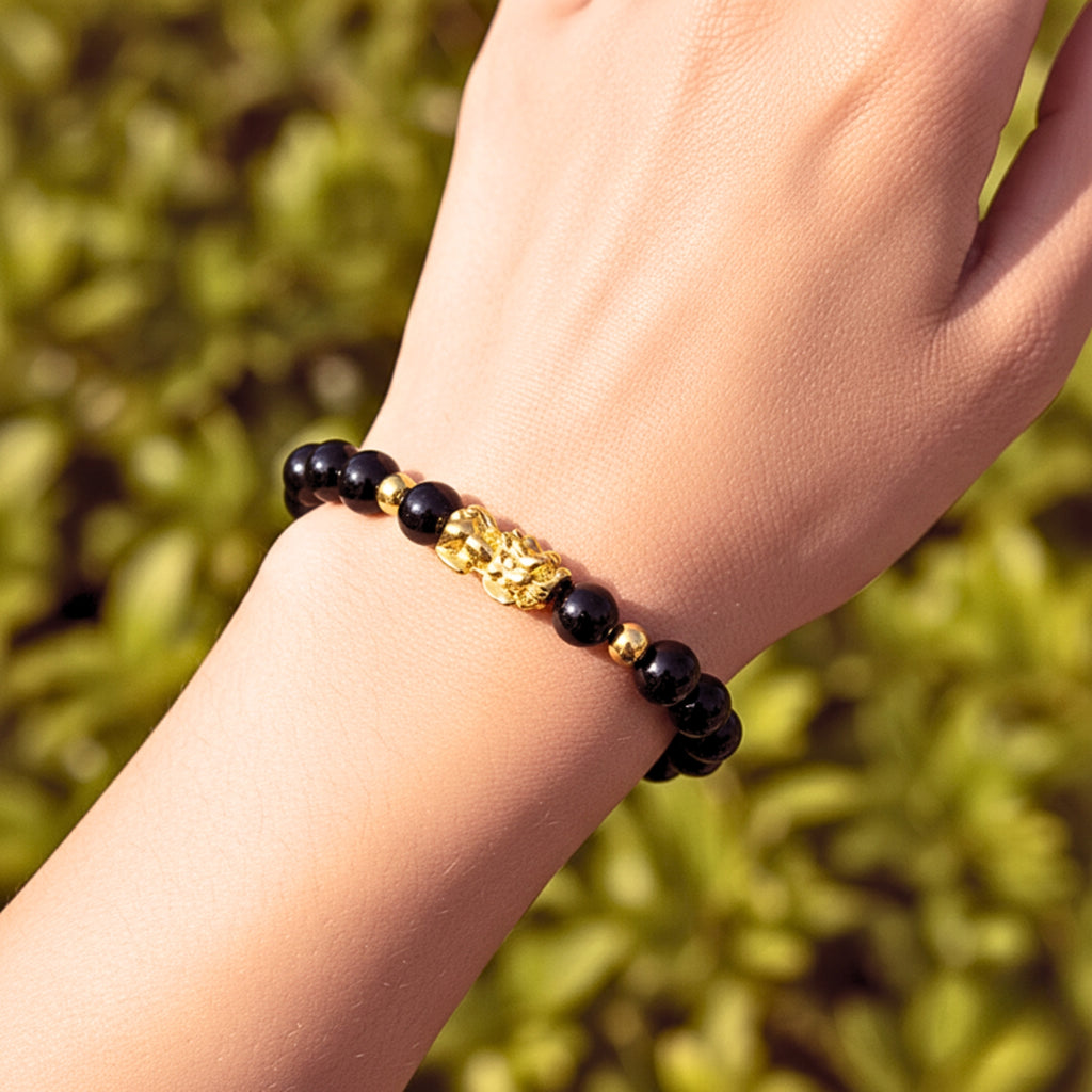 Pixiu Black Crystal Bead Bracelet - Gold PVD Stainless Steel