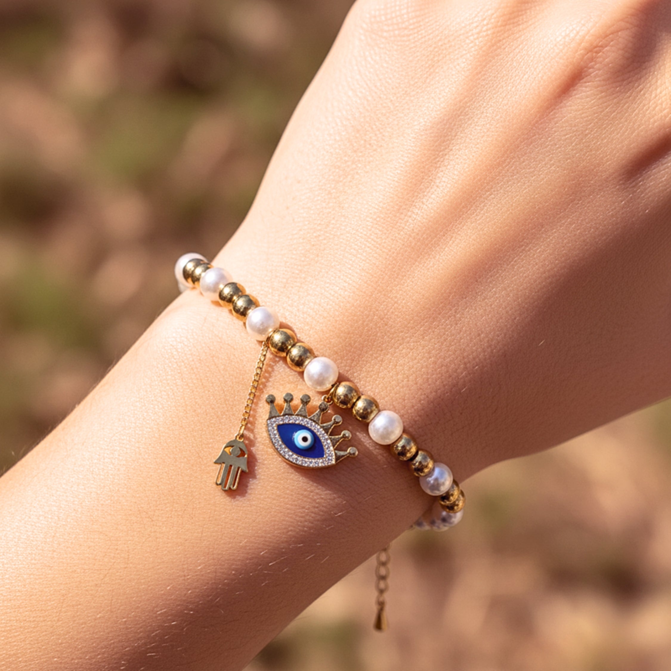 Evil Eye & Hamsa Pearl Bead Bracelet - Gold PVD Stainless Steel