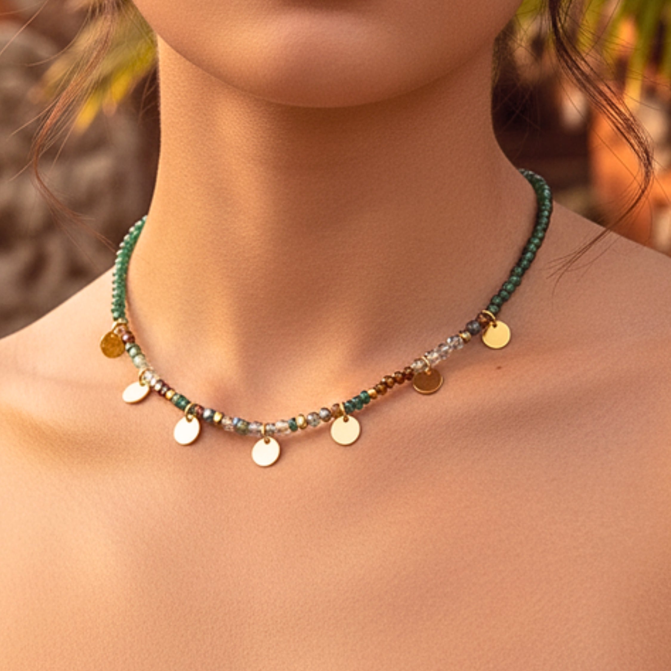 Women's Green Crystal Bead Choker Necklace - PVD Stainless Steel