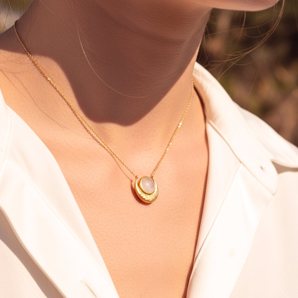 Women's Crescent Moon Hammered Pendant Necklace - Gold PVD Stainless Steel