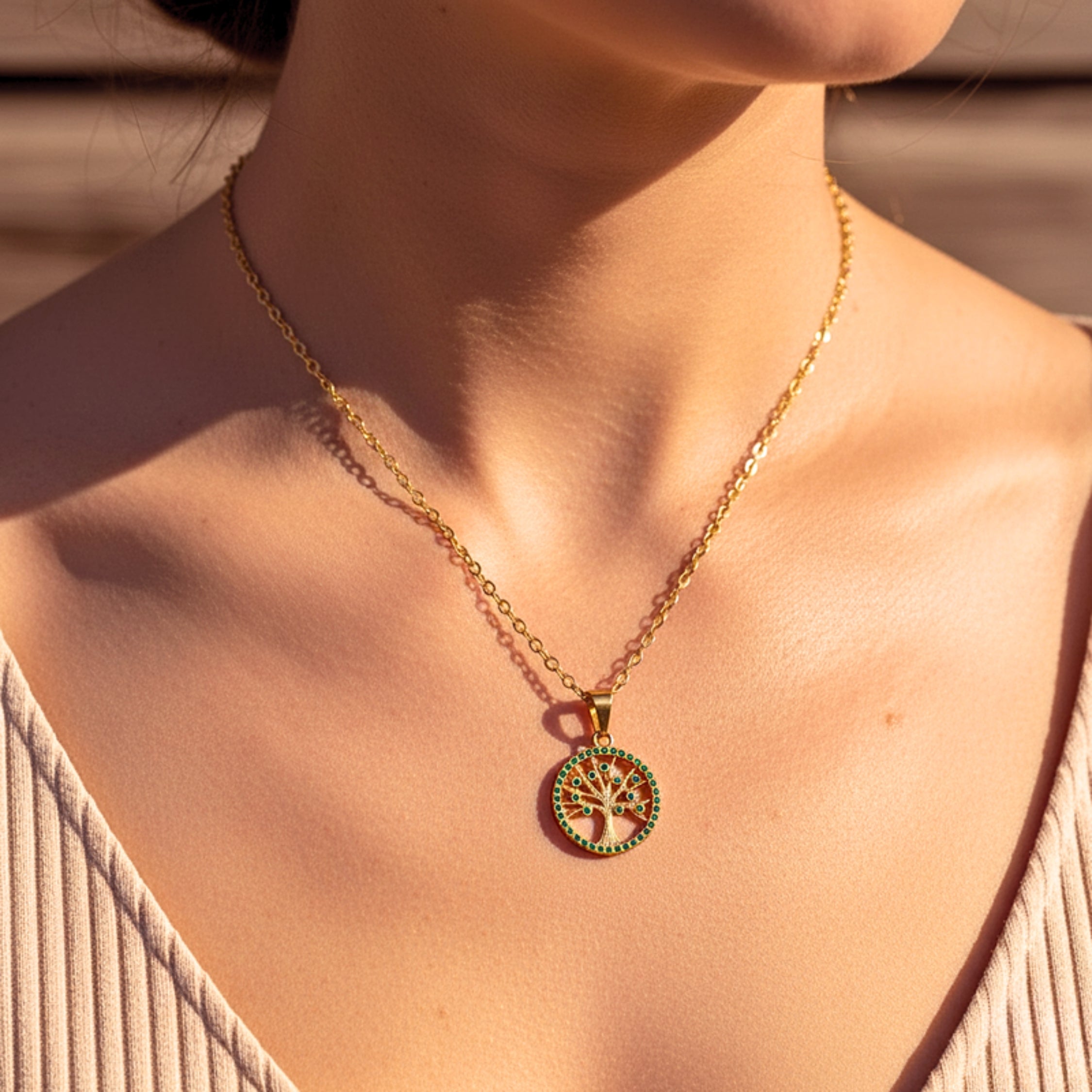 Tree of Life Green Zirconia Halo Pendant Necklace - Gold PVD Stainless Steel