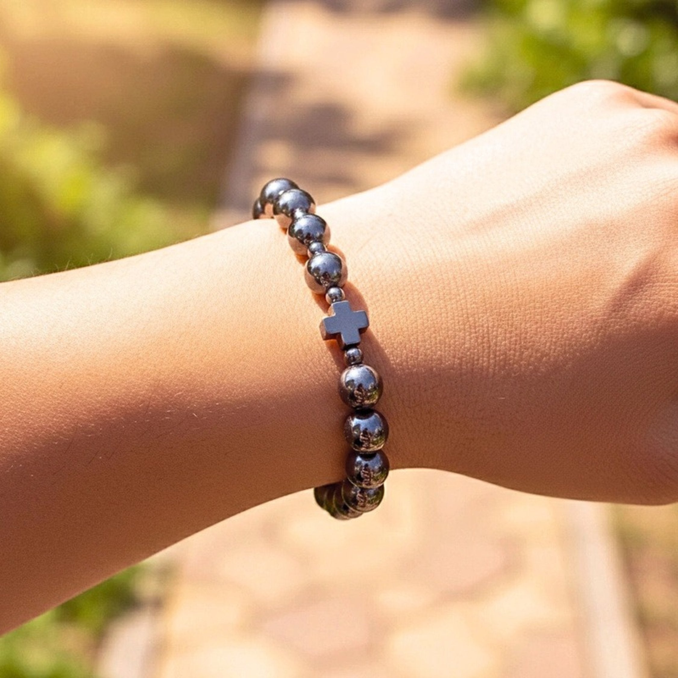 Black Hematite Cross Bead Bracelet - 8mm Natural Stone Stretch Band