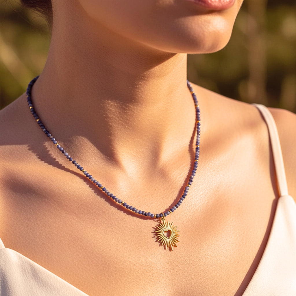 Sunburst Purple Crystal Beaded Heart Pendant Necklace - Gold PVD Stainless Steel