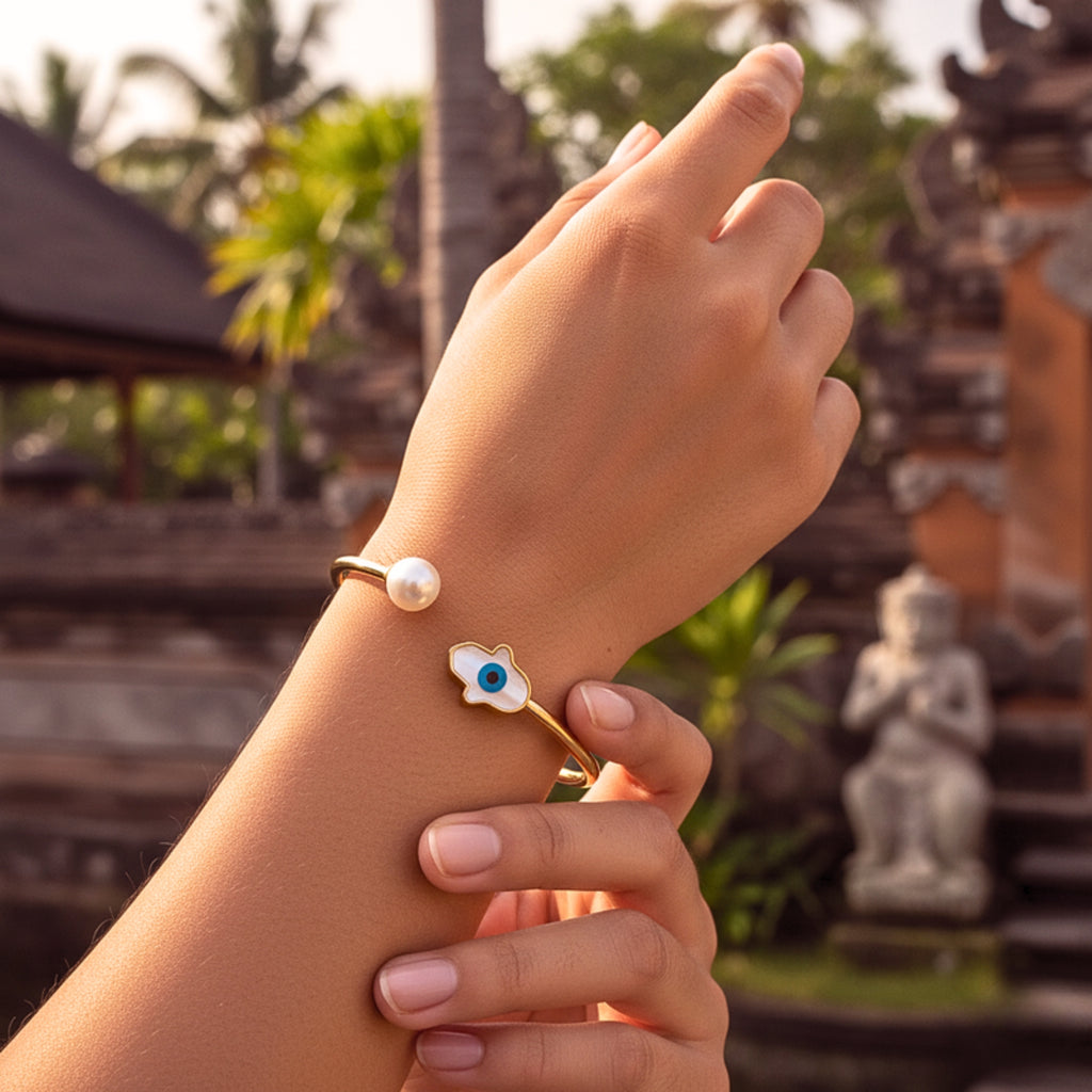 Hamsa Hand & Evil Eye Pearl Open Cuff Bracelet - Silver-Tone Stainless Steel