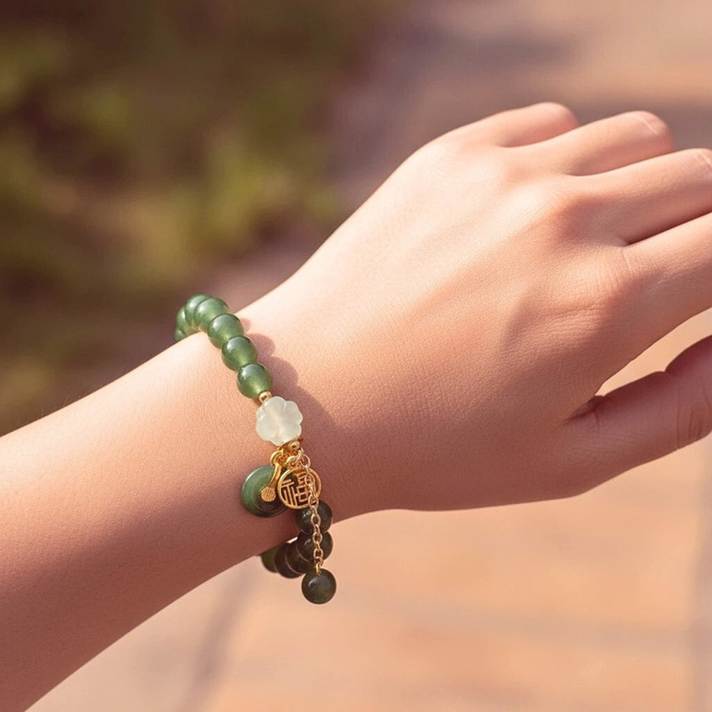 Jade-Tone Bead 'Fu Charm' Bracelet - Gold PVD Stainless Steel