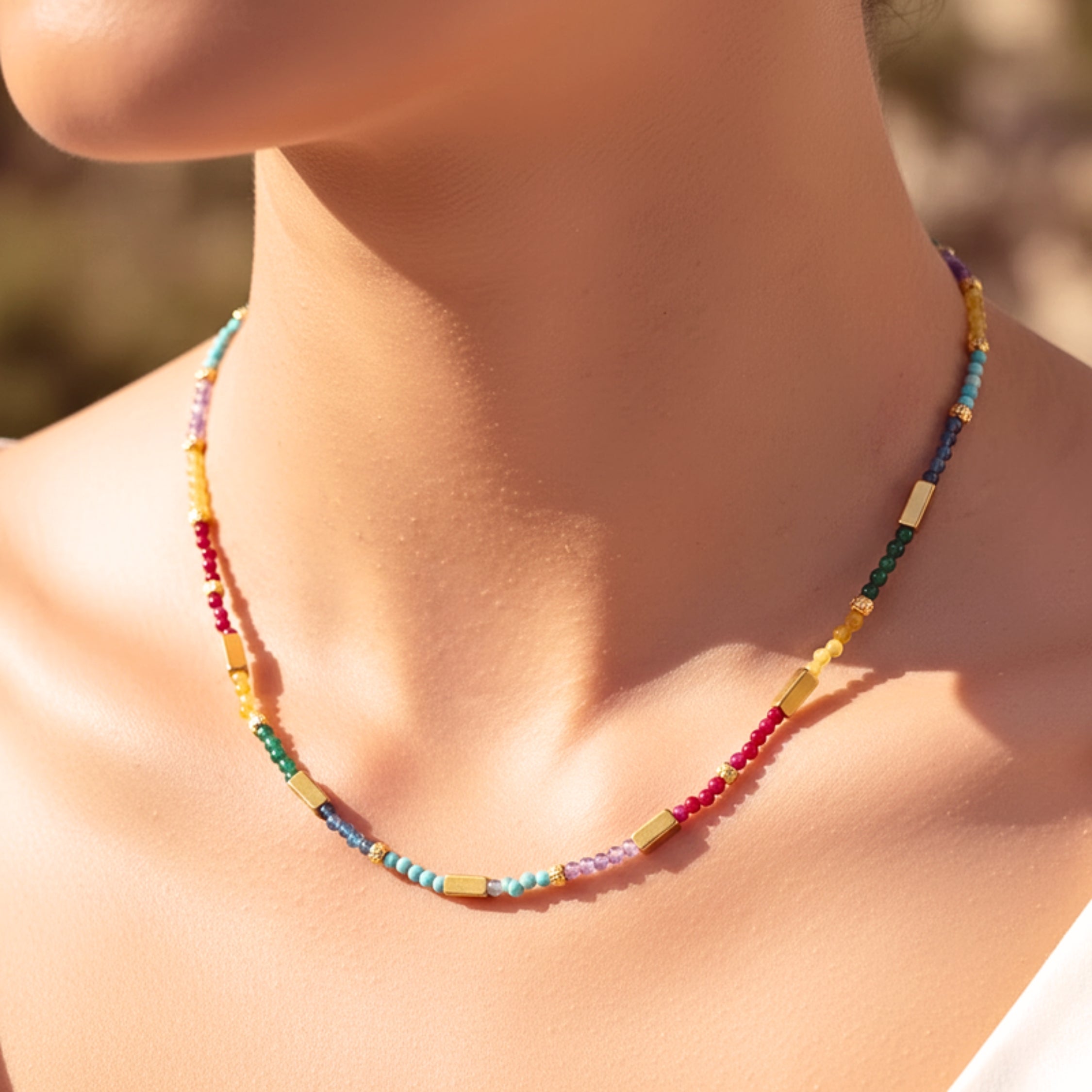 Seven Chakra Rainbow Beaded Bar Necklace - Gold PVD Stainless Steel