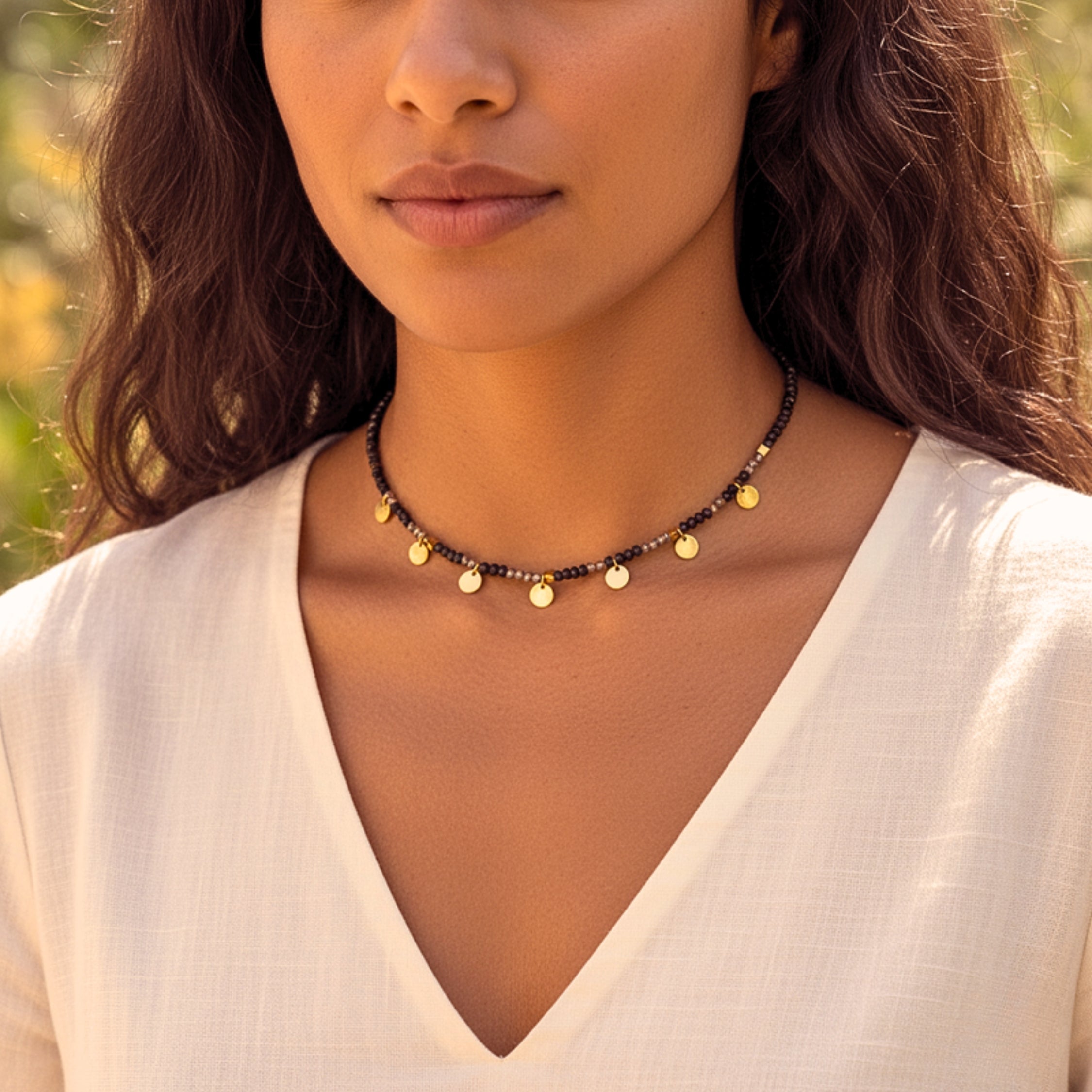Black Crystal Beaded Choker Necklace with Gold Disc Charms - Gold PVD Stainless Steel