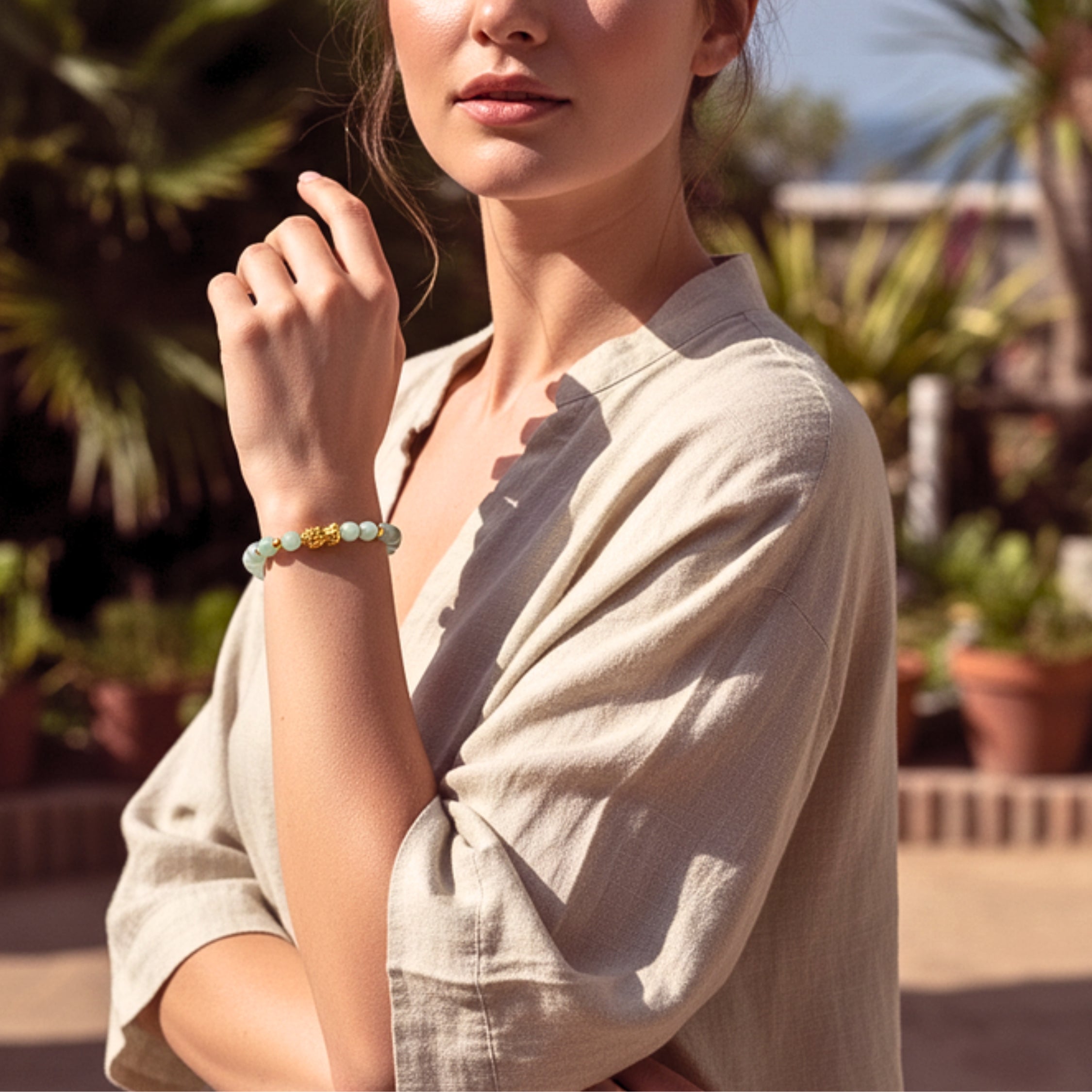 Pixiu Green Crystal Bead Bracelet - Gold PVD Stainless Steel