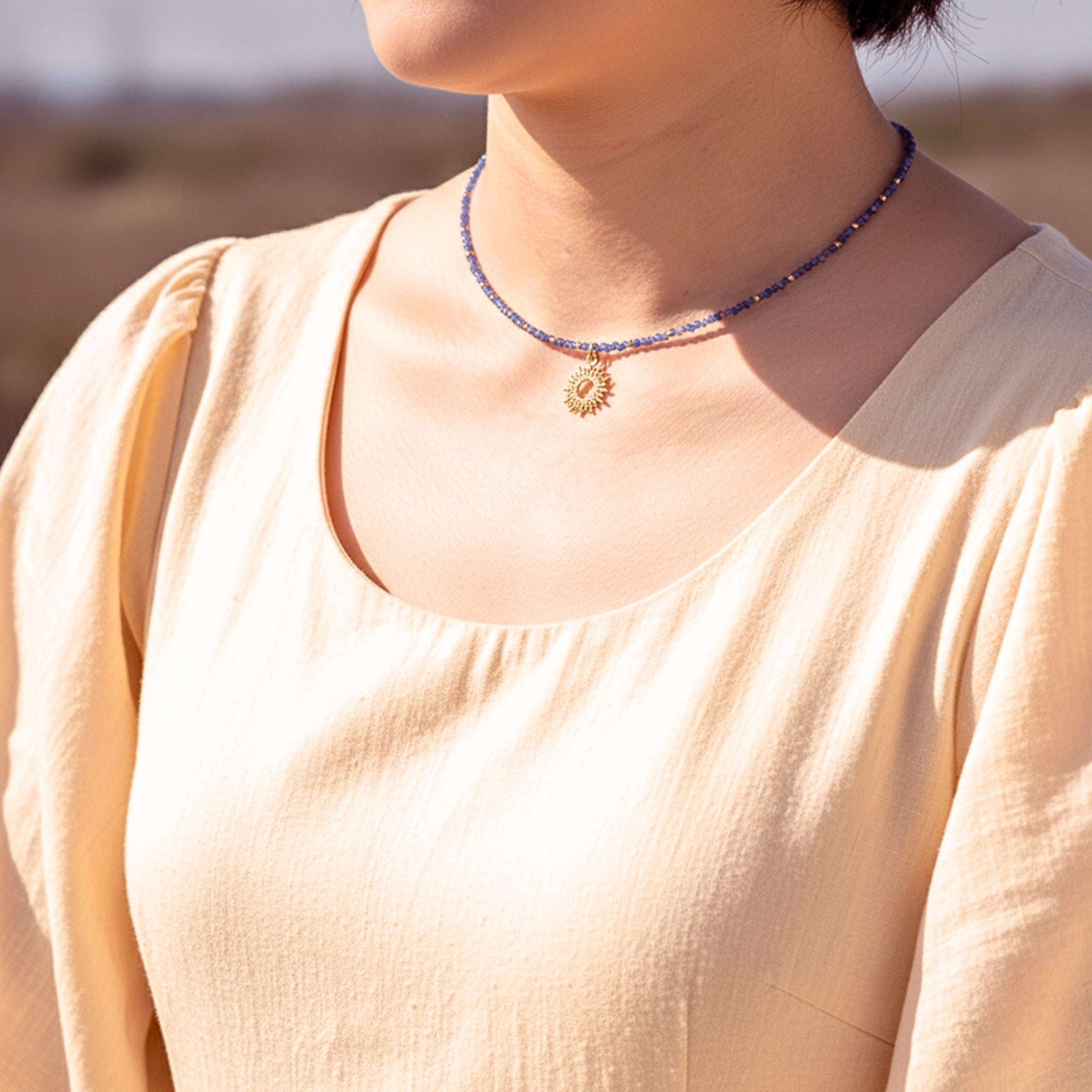 Sunburst Blue Crystal Beaded Choker Necklace - Gold PVD Stainless Steel