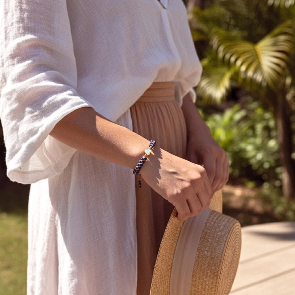 Women's Cord Bracelet With Lapis Lazuli & Opal Tone Gems