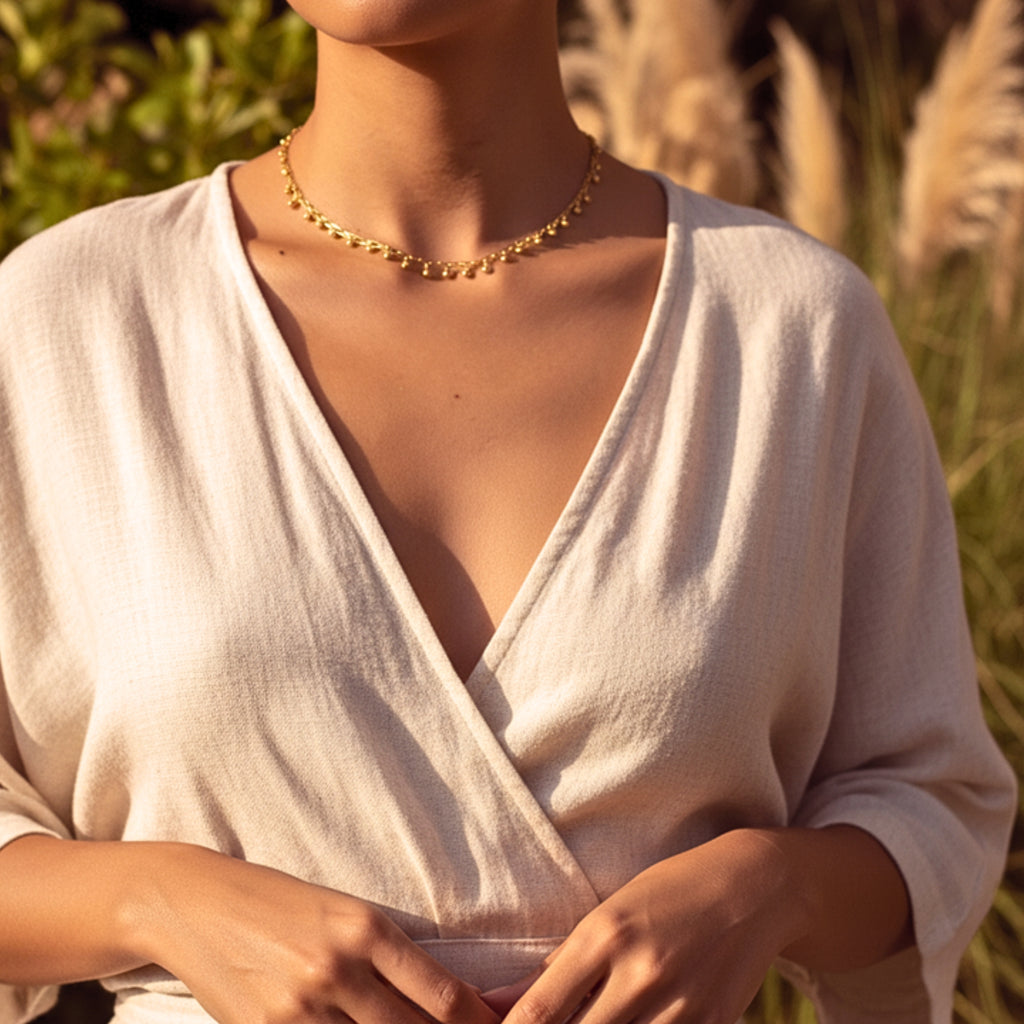 Beaded Chain Dangle Choker Women's Necklace - Gold PVD Stainless Steel