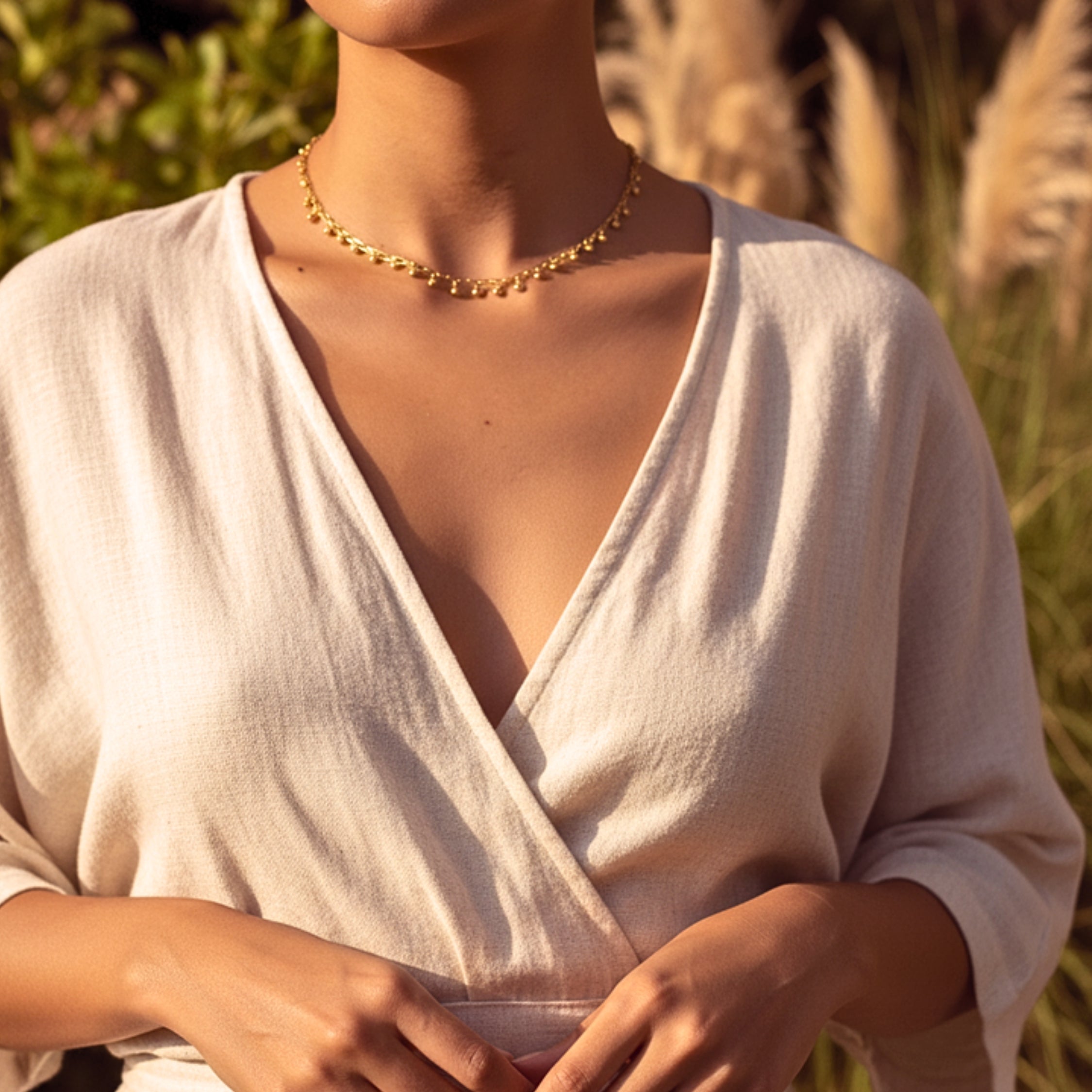 Beaded Chain Dangle Choker Women's Necklace - Gold PVD Stainless Steel