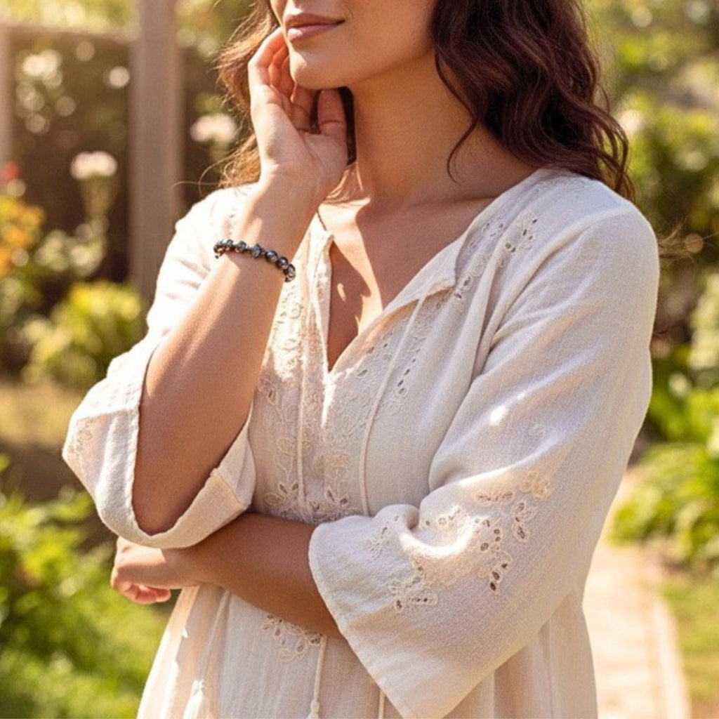 Black Hematite Cross Bead Bracelet - 8mm Natural Stone Stretch Band