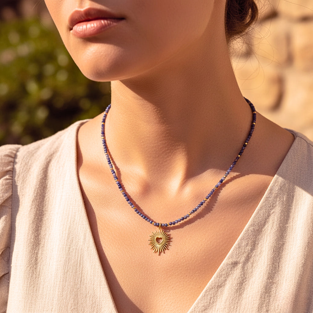 Sunburst Purple Crystal Beaded Heart Pendant Necklace - Gold PVD Stainless Steel