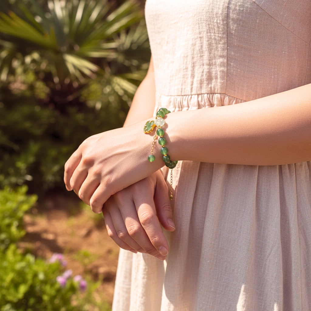 Four-Leaf Clover Green Beaded Bracelet - Gold PVD Stainless Steel