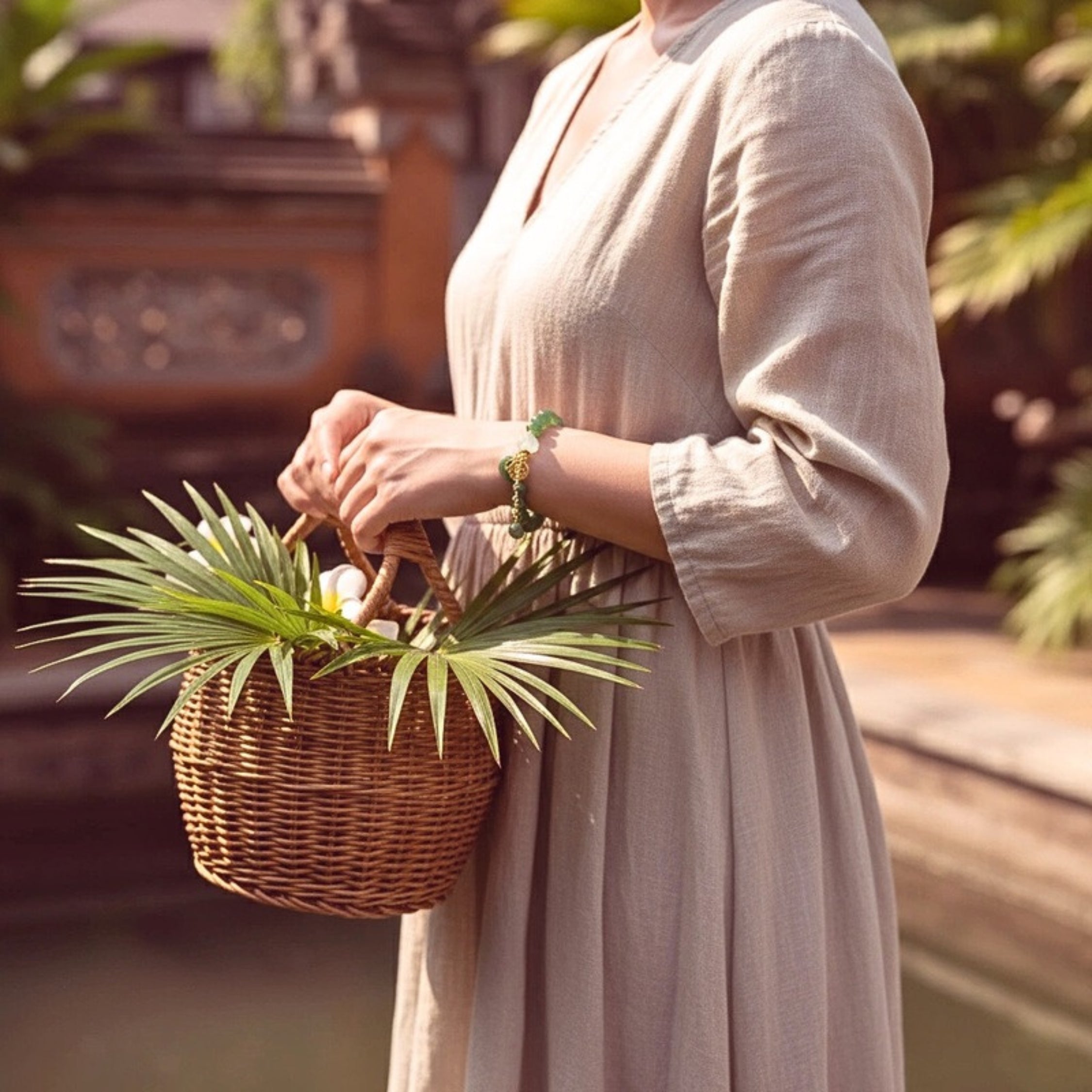 Jade-Tone Bead 'Fu Charm' Bracelet - Gold PVD Stainless Steel