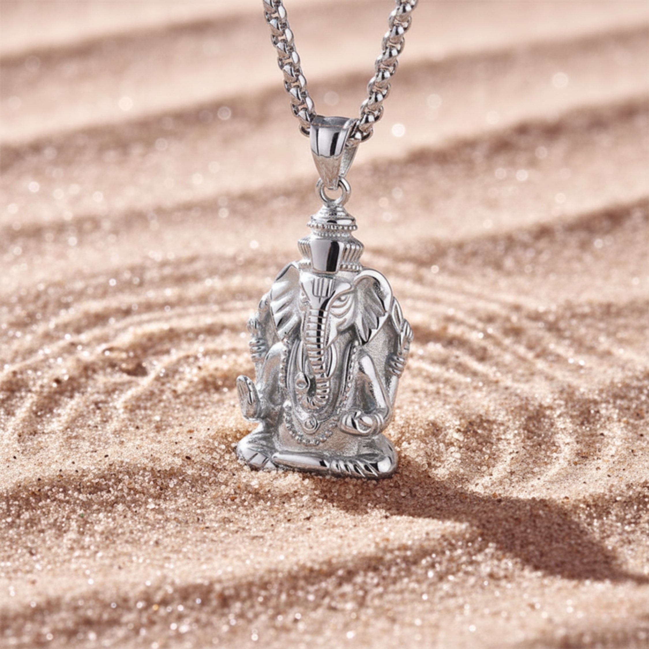 Ganesha Elephant Pendant Necklace - Silver-Tone PVD Stainless Steel