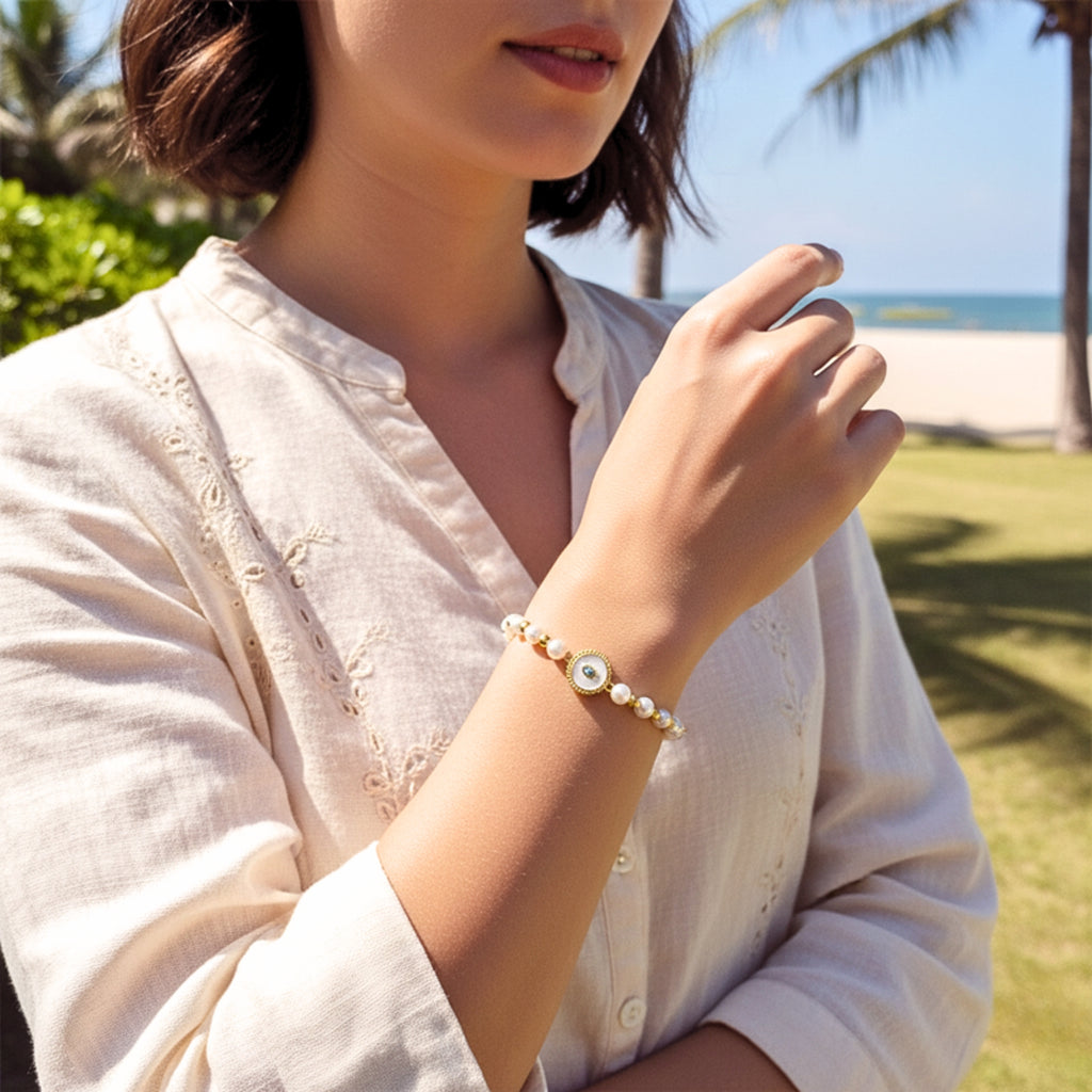 Women's Sunburst Evil Eye Chain Bracelet - Gold PVD Stainless Steel