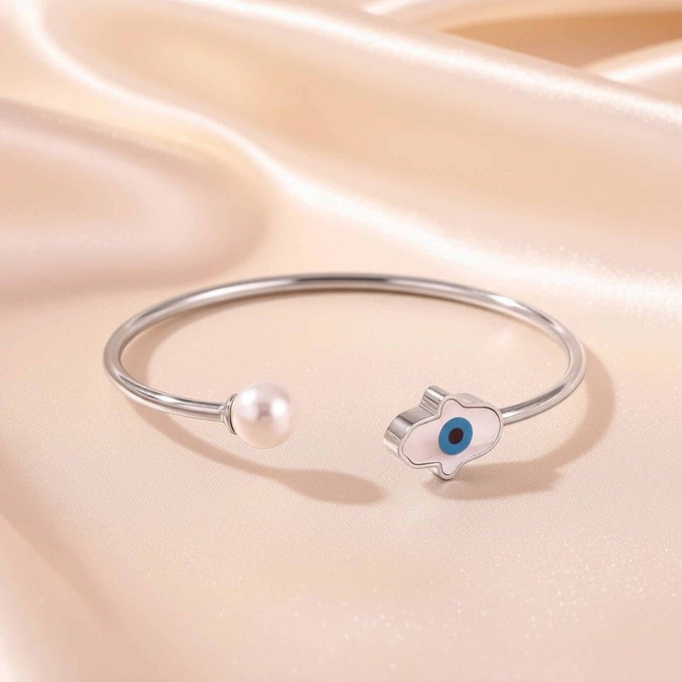 Hamsa Hand & Evil Eye Pearl Open Cuff Bracelet - Silver-Tone Stainless Steel