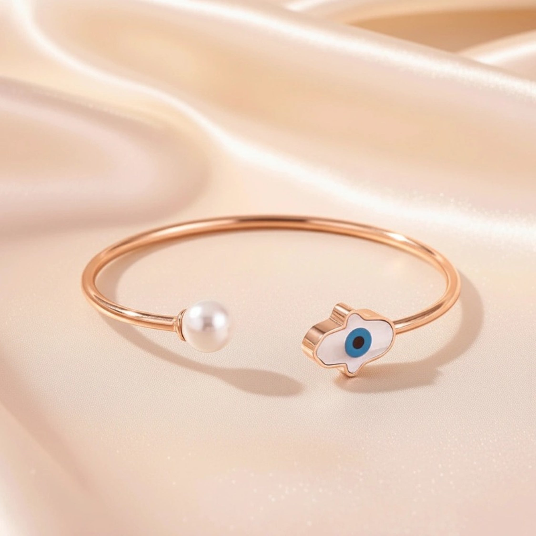 Hamsa Hand & Evil Eye Pearl Open Cuff Bracelet - Silver-Tone Stainless Steel