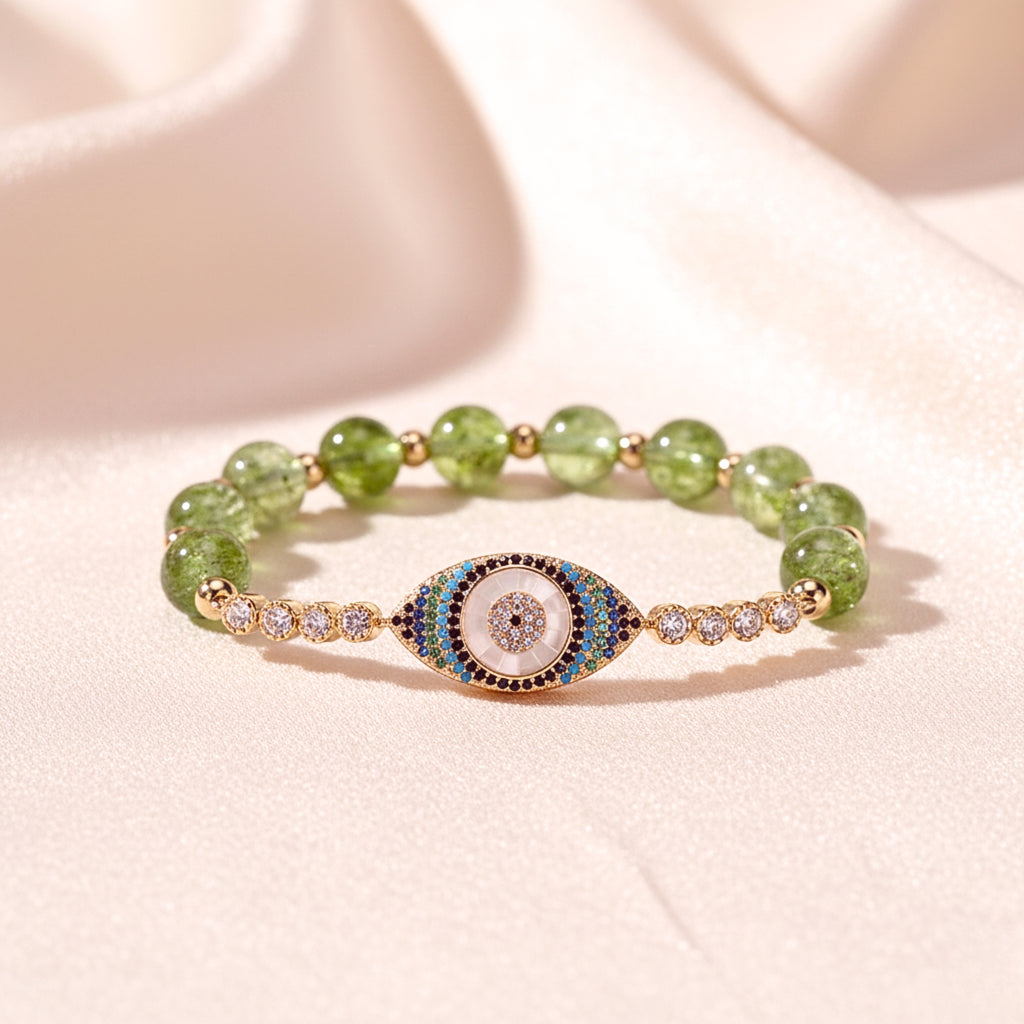 Evil Eye Green Quartz Bead Bracelet - Gold PVD Stainless Steel