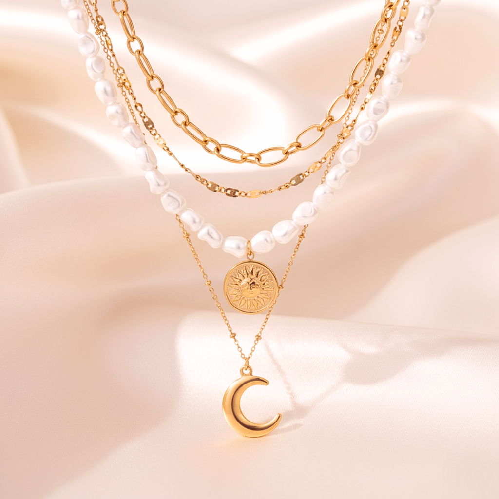 Celestial Sun & Moon Layered Necklace Set - Gold PVD Stainless Steel