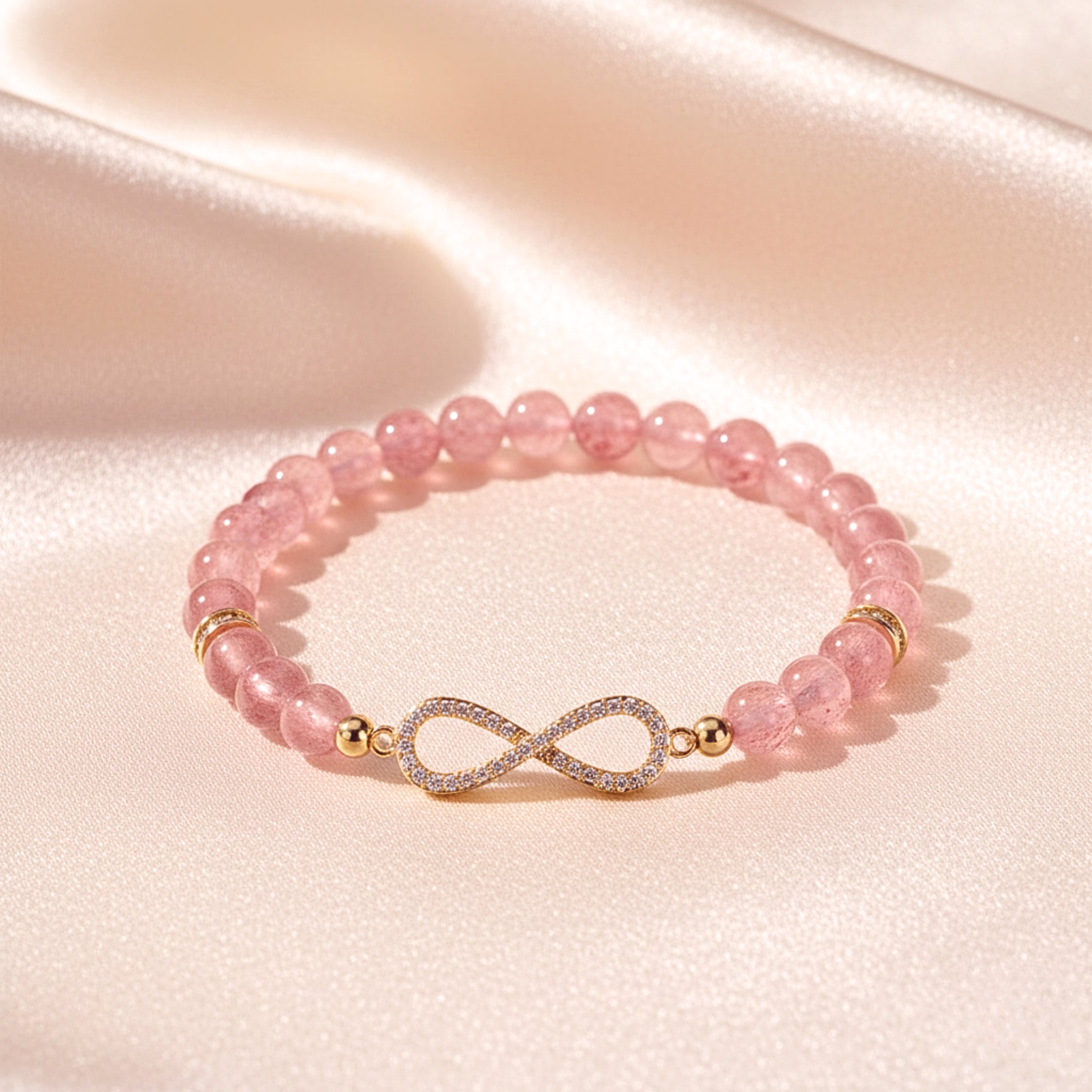 Infinity Pink Quartz Bead Bracelet - Gold PVD Stainless Steel